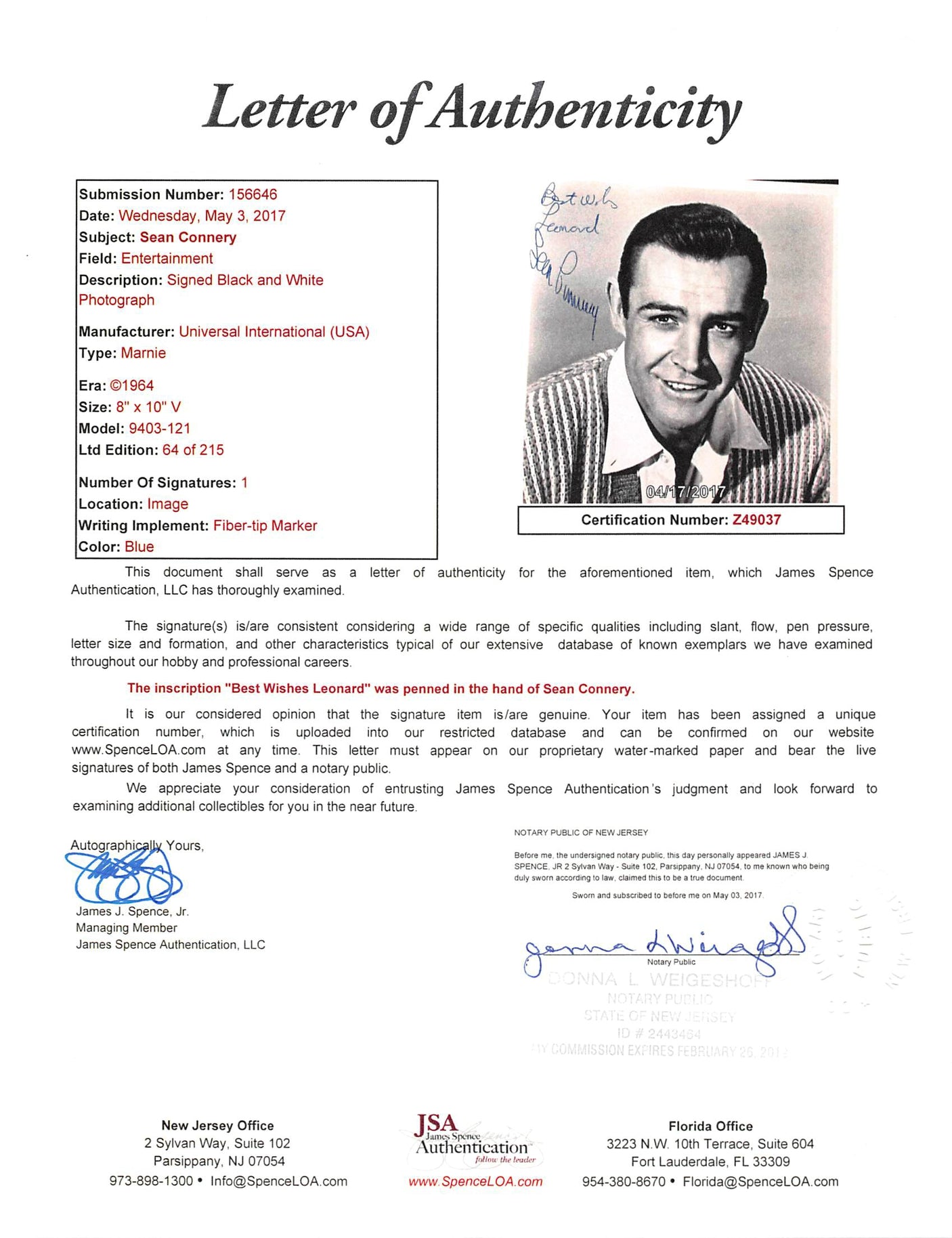 Sean Connery Marnie "Best Wishes" Signed 8x10 LE Promo B & W Photo JSA #Z49037