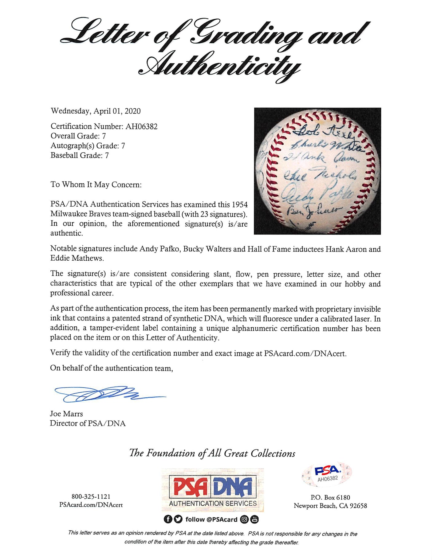 1954 Braves (23) Aaron, Mathews Signed Giles Onl Baseball Graded 7 PSA & JSA LOA