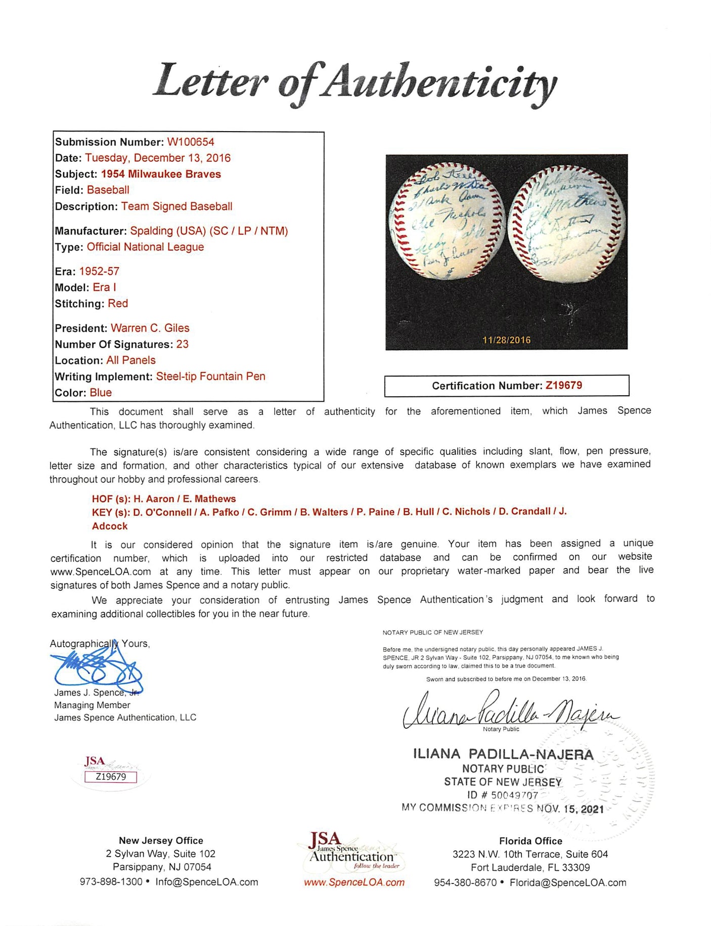 1954 Braves (23) Aaron, Mathews Signed Giles Onl Baseball Graded 7 PSA & JSA LOA