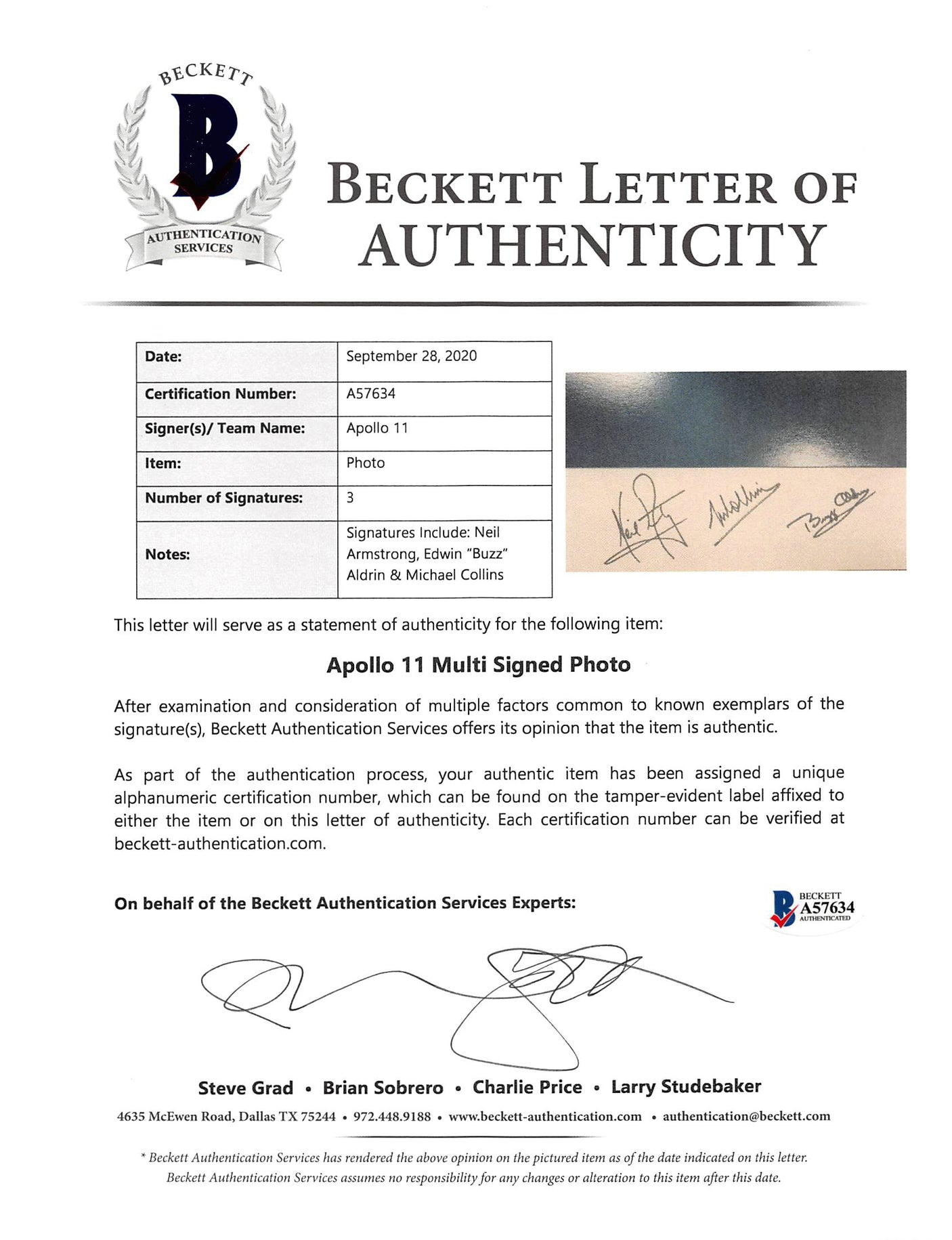 Apollo 11 (3) Armstrong, Aldrin & Collins Signed Matted 10.75x13.45 Photo BAS