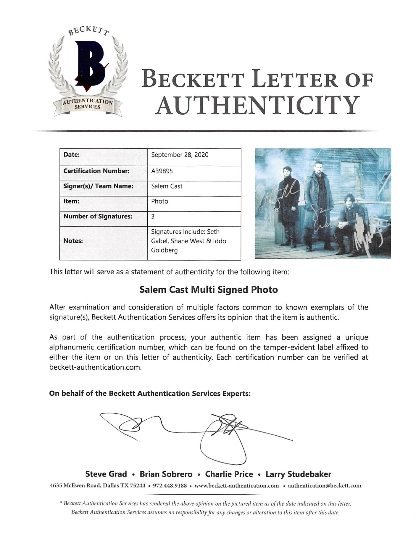 Salem (3) Gabel, West & Goldberg Signed 8x10 Photo Autographed BAS #A39895