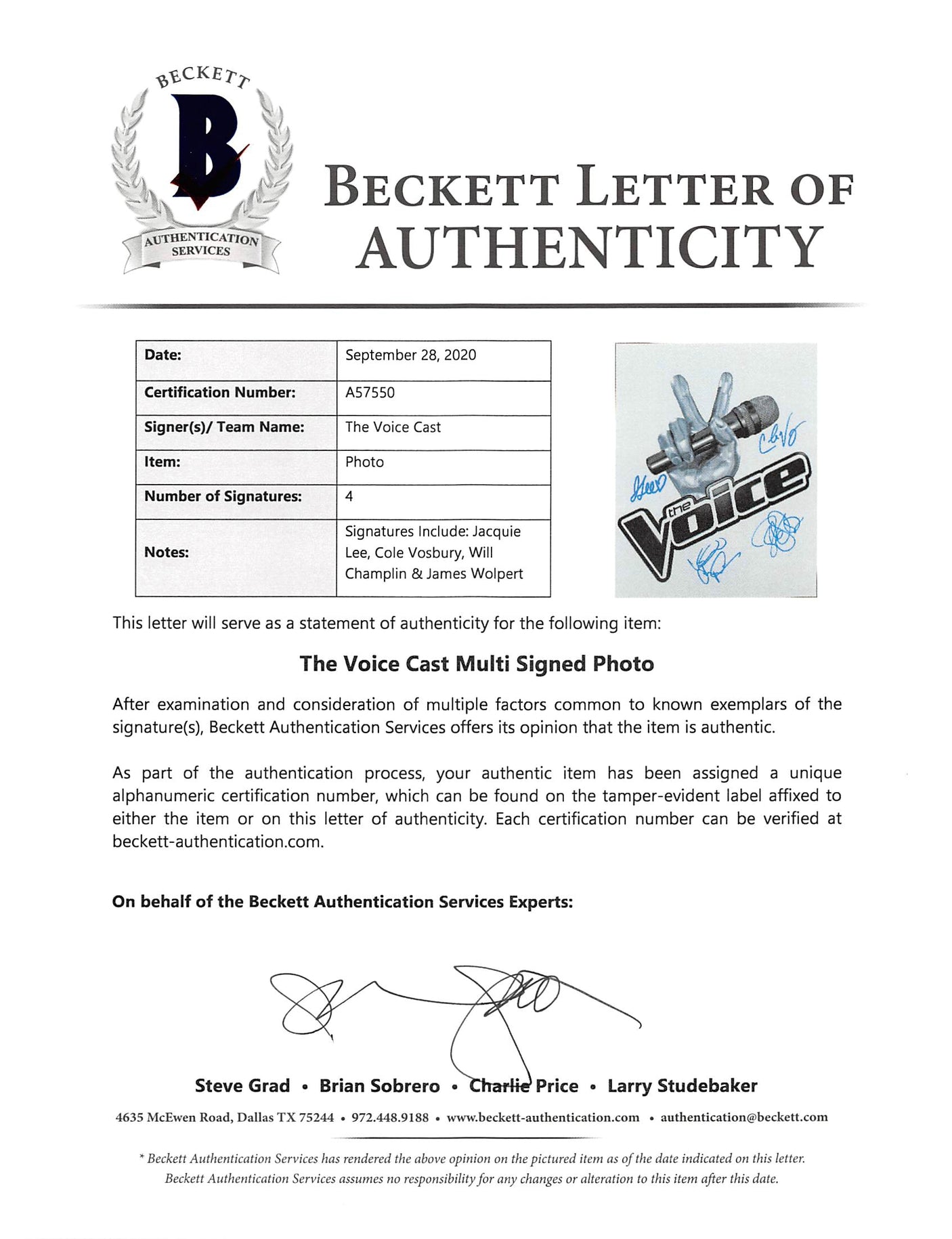 The Voice (4) Lee, Vosbury, Champlin & Wolpert Signed 11x14 Photo BAS #A57550