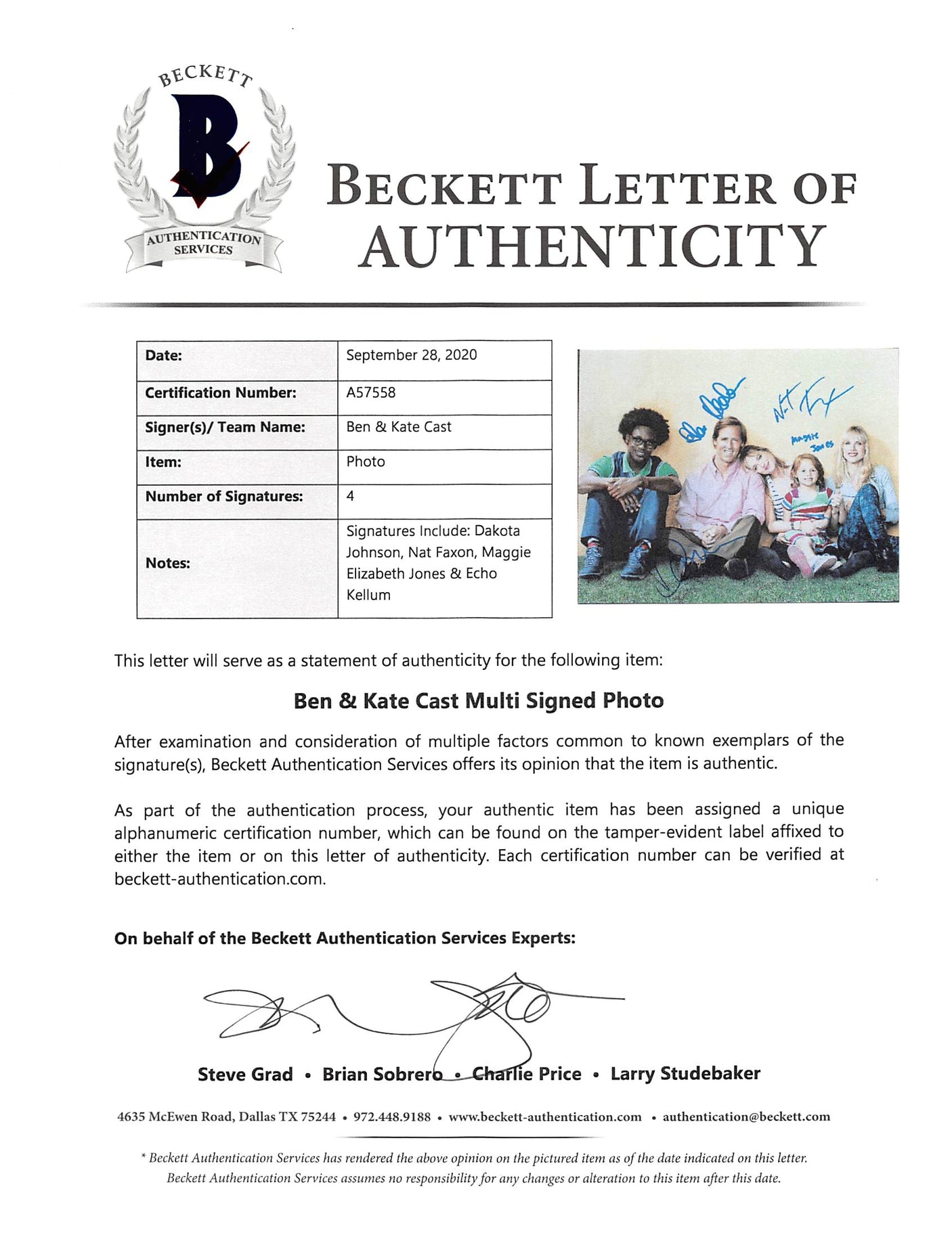 Ben & Kate (4) Johnson, Faxon, Jones & Kellum Signed 11x14 Photo BAS #A57558