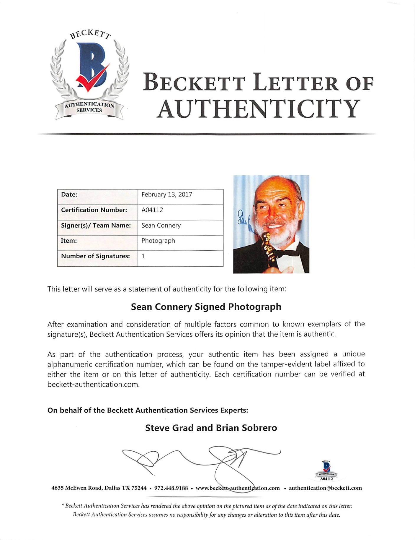 Sean Connery The Untouchables Authentic Signed 8x10 Photo BAS #A04112