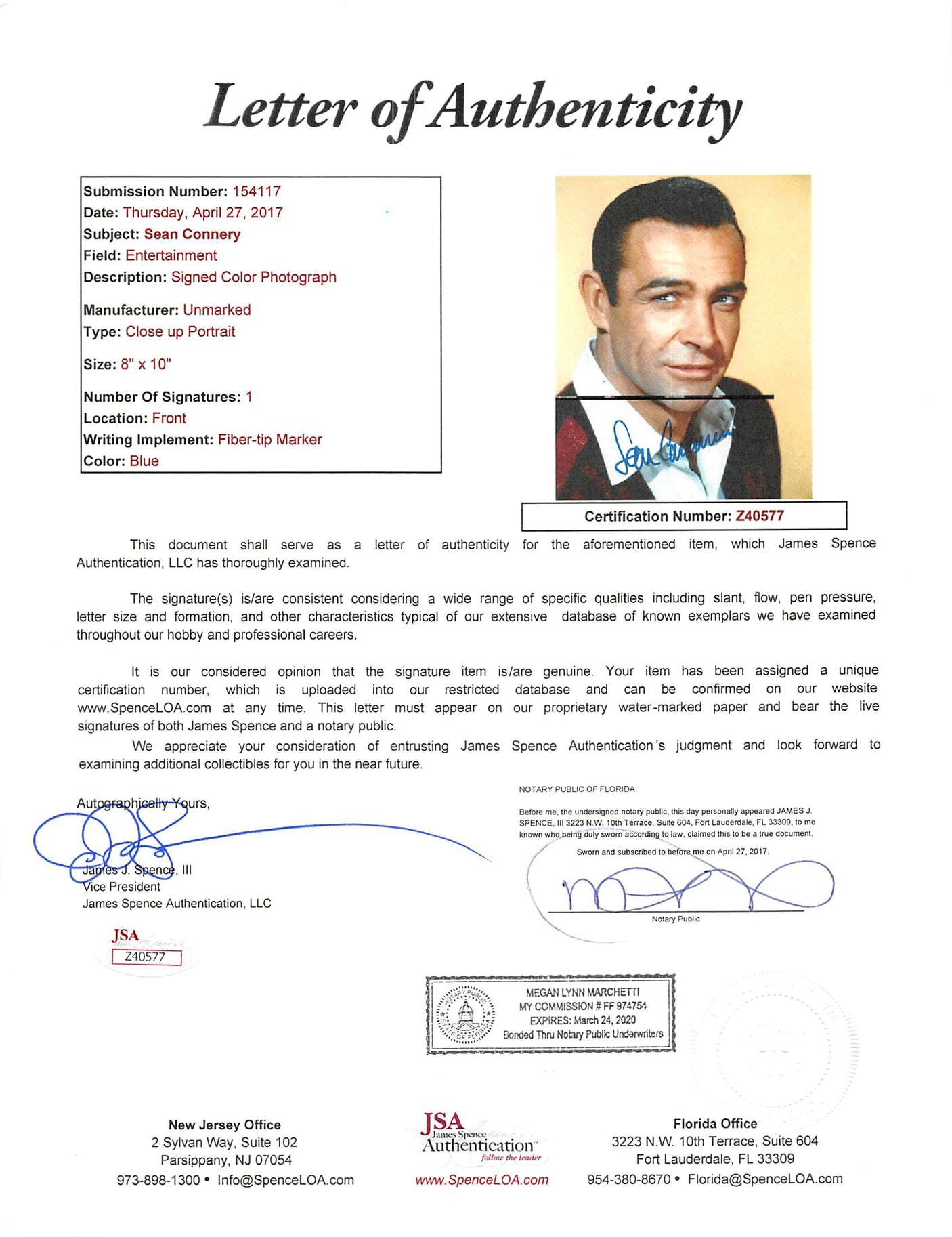 Sean Connery James Bond 007 Authentic Signed 8x10 Photo Autographed JSA #Z40577