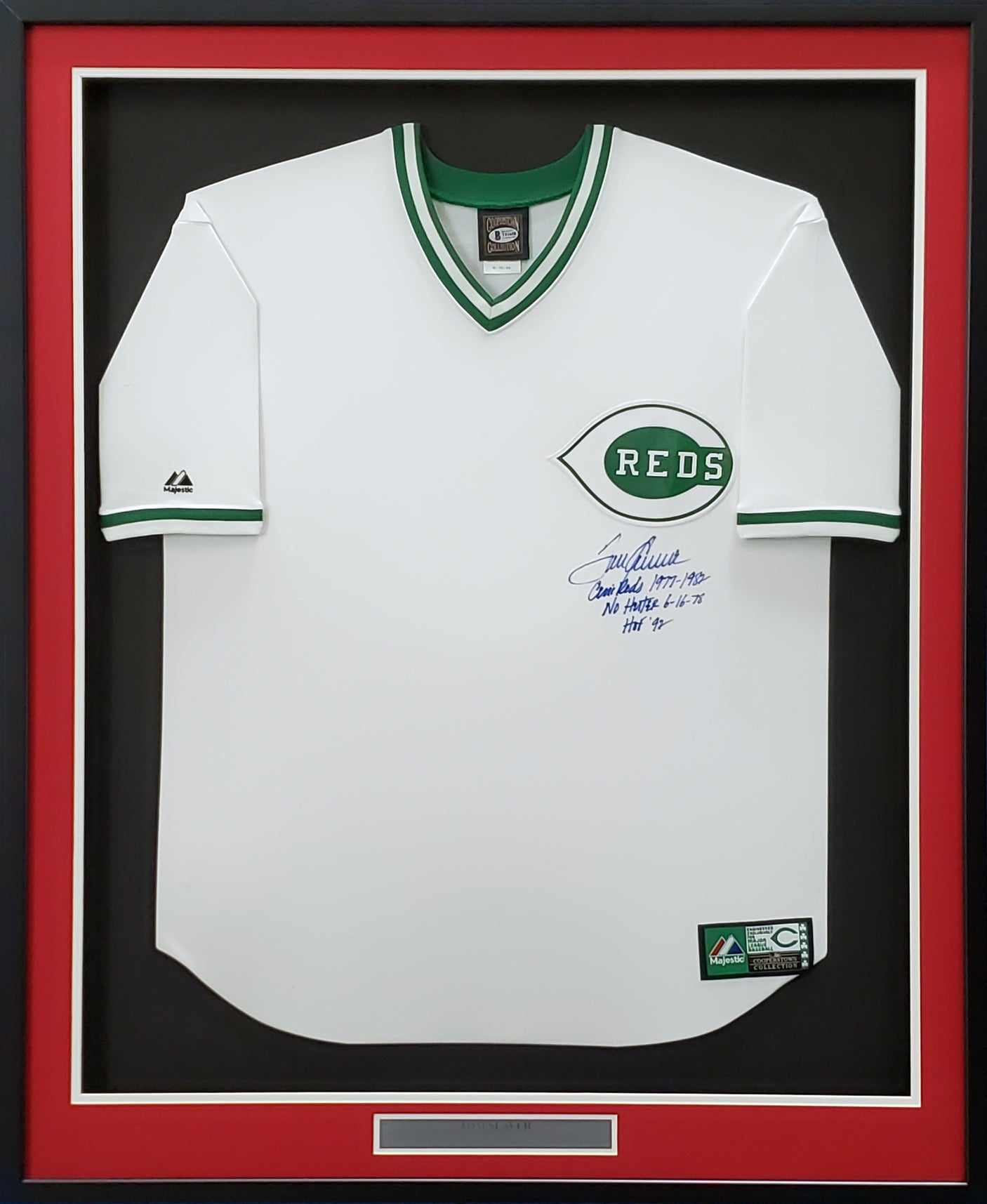 Cincinnati Reds Tom Seaver Autographed Framed St. Patrick's Day Majestic Cooperstown Jersey Size XL "1977-1982, No Hitter, HOF 92" Beckett BAS #T81658