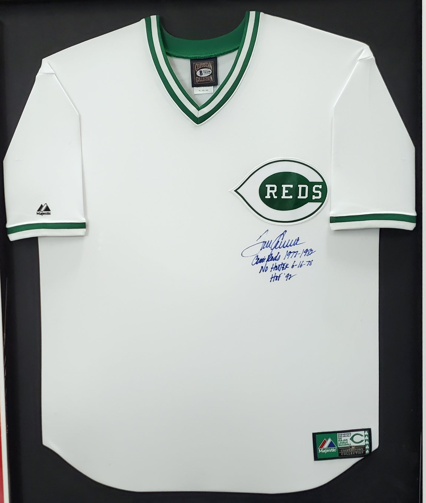Cincinnati Reds Tom Seaver Autographed Framed St. Patrick's Day Majestic Cooperstown Jersey Size XL "1977-1982, No Hitter, HOF 92" Beckett BAS #T81658