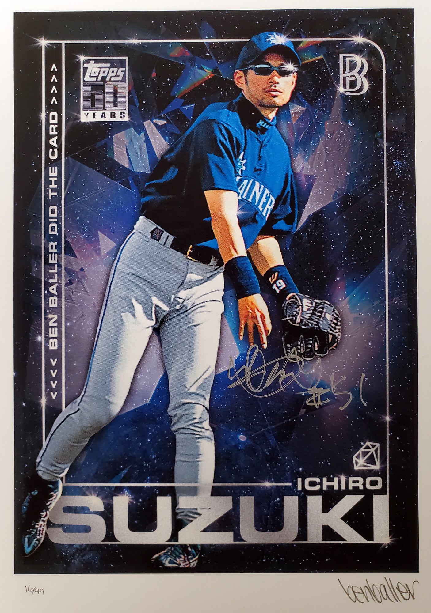 Ichiro Suzuki Autographed Framed Topps Project 2020 Fine Art Print Seattle Mariners "51" With Ben Baller #/99 IS Holo Stock #190514