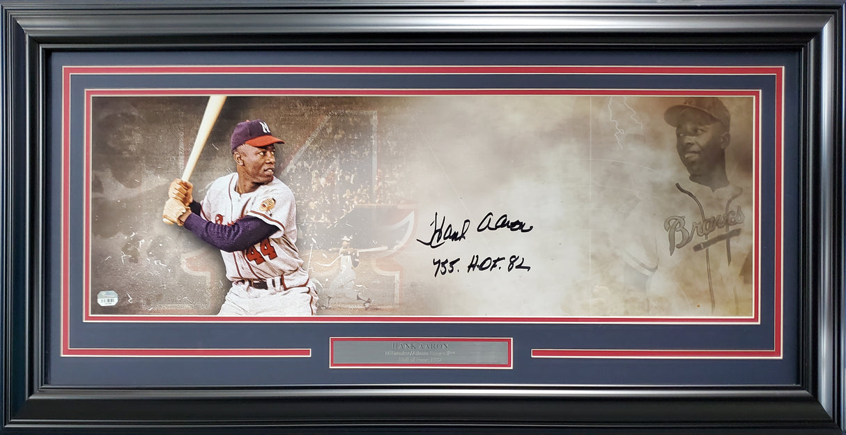 Hank Aaron Autographed Framed 10x30 Panoramic Photo Milwaukee Braves "755 HOF 82" Fanatics Stock #191202