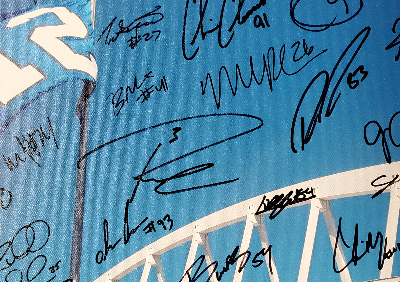 Seattle Seahawks Super Bowl XLVIII Champion Autographed Framed 20x30 Canvas Photo "SB XLVIII Champs!" With 42 Signatures Including Russell Wilson & Marshawn Lynch #/112 MCS Holo Stock #94470
