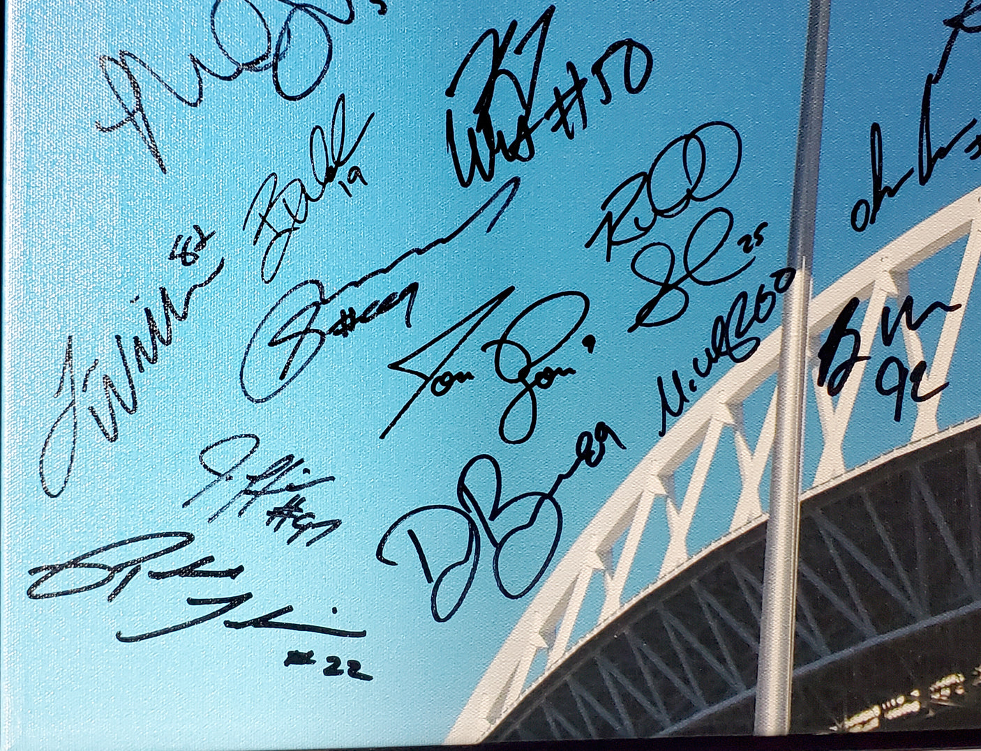 Seattle Seahawks Super Bowl XLVIII Champion Autographed Framed 20x30 Canvas Photo "SB XLVIII Champs!" With 42 Signatures Including Russell Wilson & Marshawn Lynch #/112 MCS Holo Stock #94470