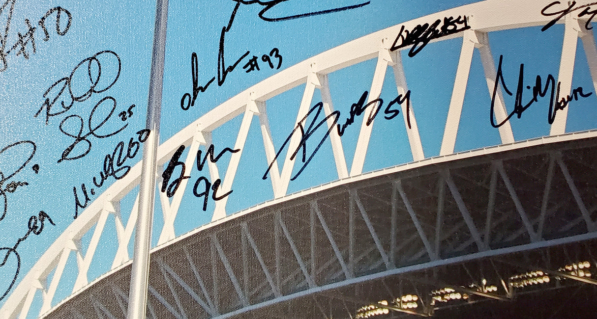 Seattle Seahawks Super Bowl XLVIII Champion Autographed Framed 20x30 Canvas Photo "SB XLVIII Champs!" With 42 Signatures Including Russell Wilson & Marshawn Lynch #/112 MCS Holo Stock #94470