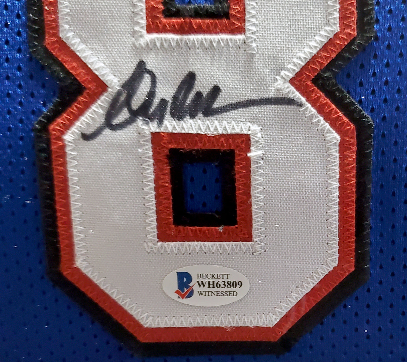 Buffalo Bills Team Greats Autographed Framed Blue Jersey With 3 Signatures Including Jim Kelly, Thurman Thomas & Andre Reed Beckett BAS Stock #195234