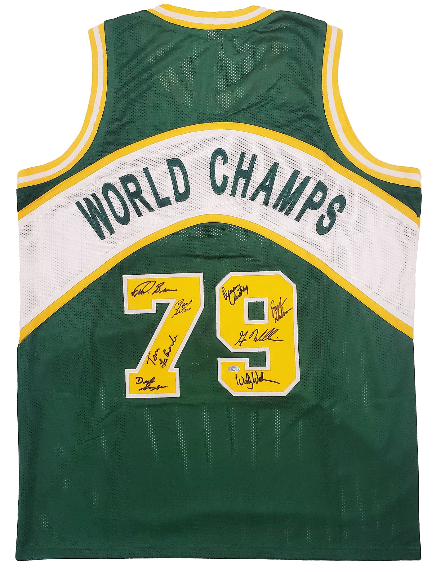 1978-79 NBA Champions Seattle Supersonics Multi Signed Autographed Green Jersey With 8 Signatures Including Fred Brown & Gus Williams MCS Holo Stock #145850