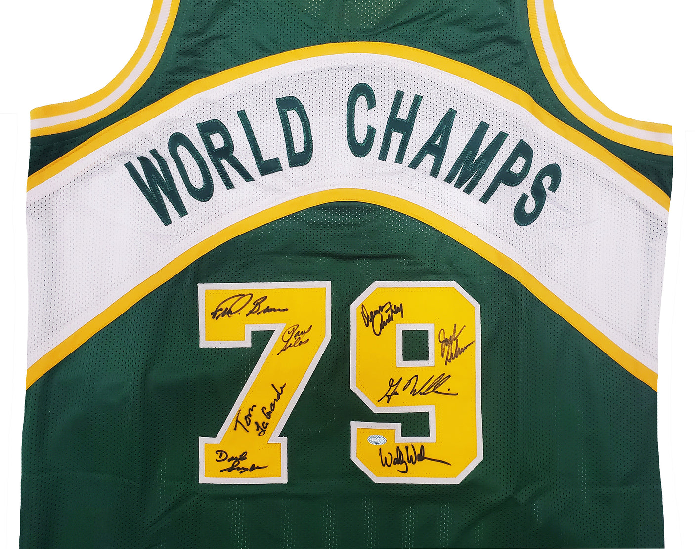 1978-79 NBA Champions Seattle Supersonics Multi Signed Autographed Green Jersey With 8 Signatures Including Fred Brown & Gus Williams MCS Holo Stock #145850