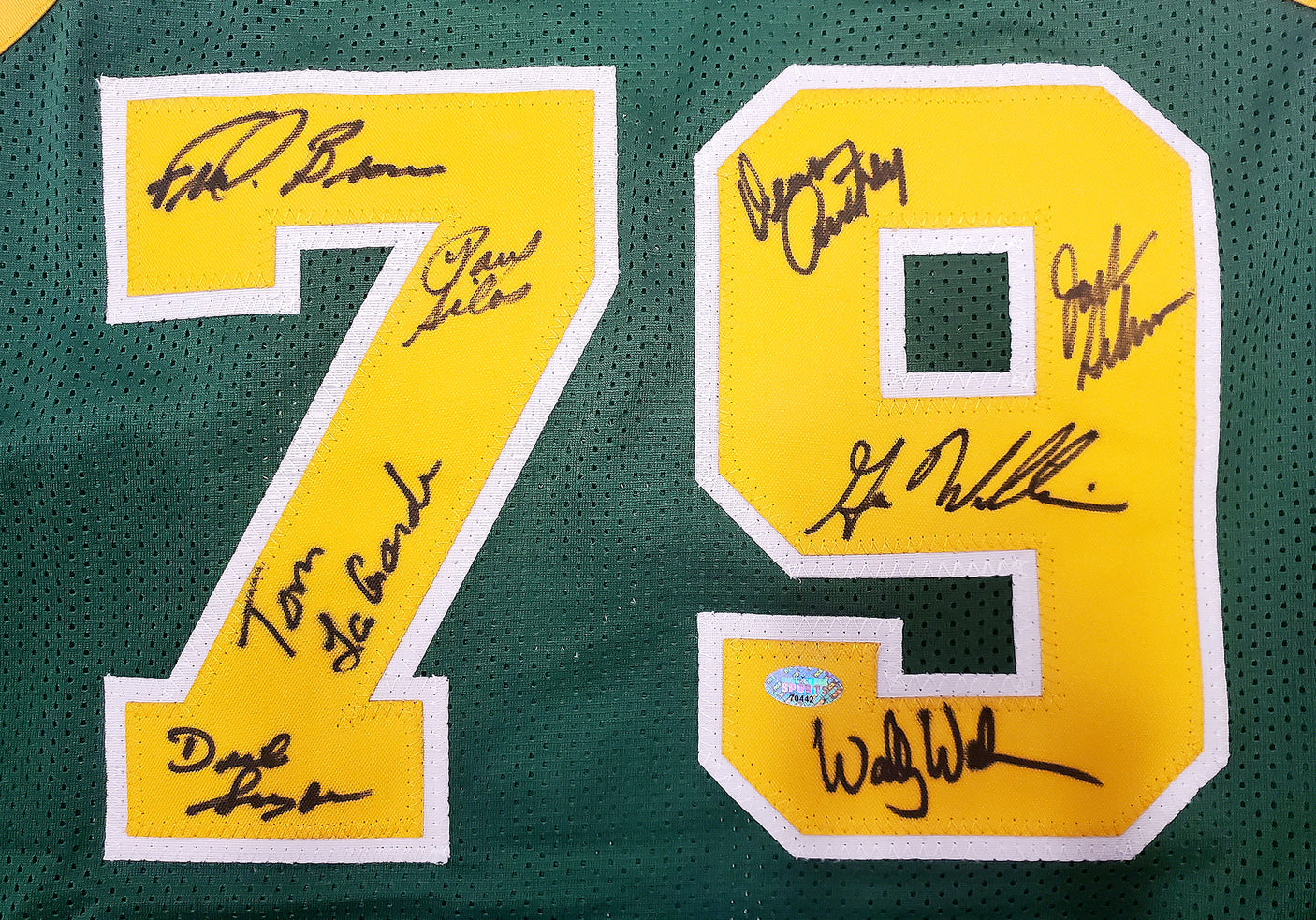1978-79 NBA Champions Seattle Supersonics Multi Signed Autographed Green Jersey With 8 Signatures Including Fred Brown & Gus Williams MCS Holo Stock #145850
