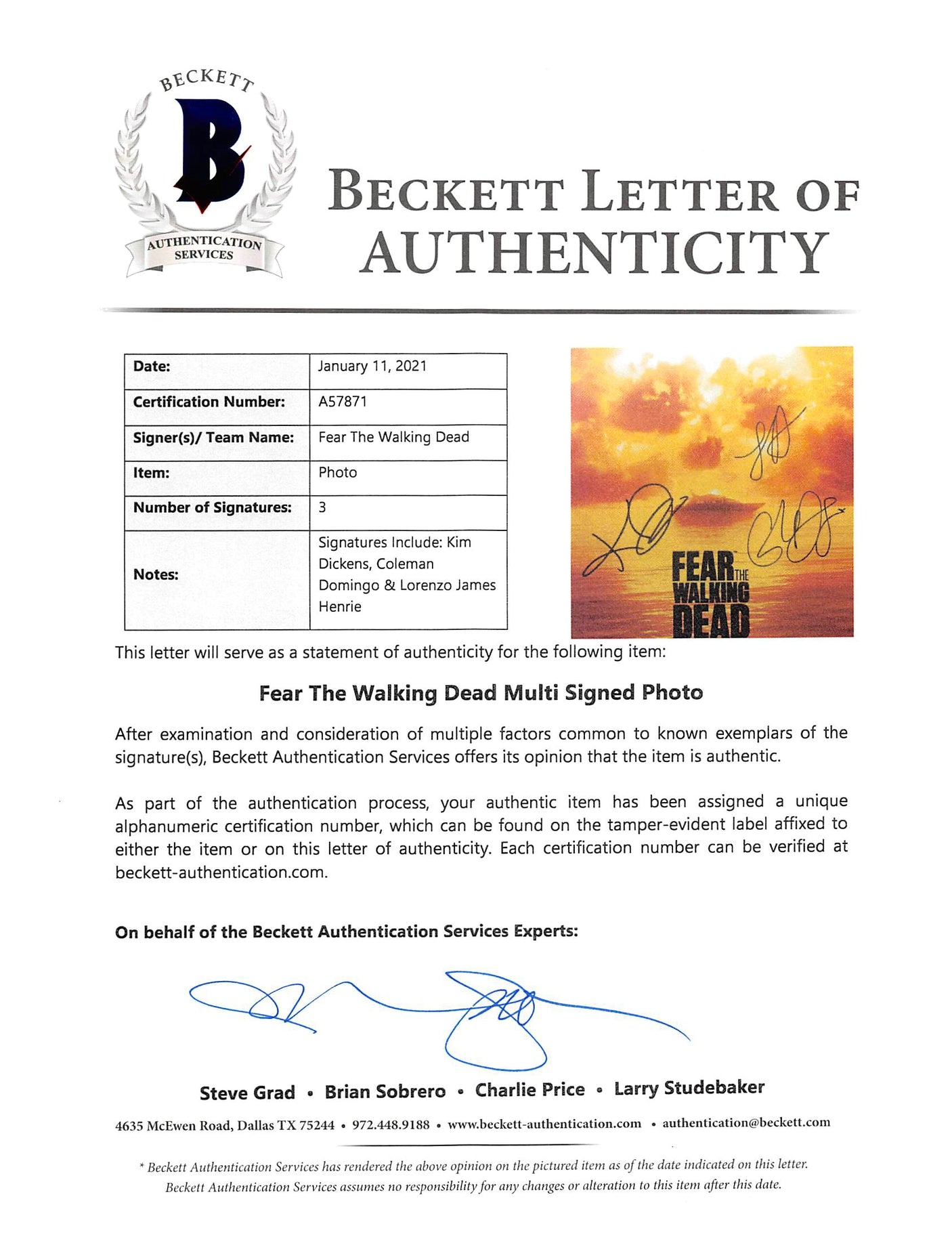 Fear The Walking Dead (3) Dickens, Domingo & Henrie Signed 11x14 Photo BAS