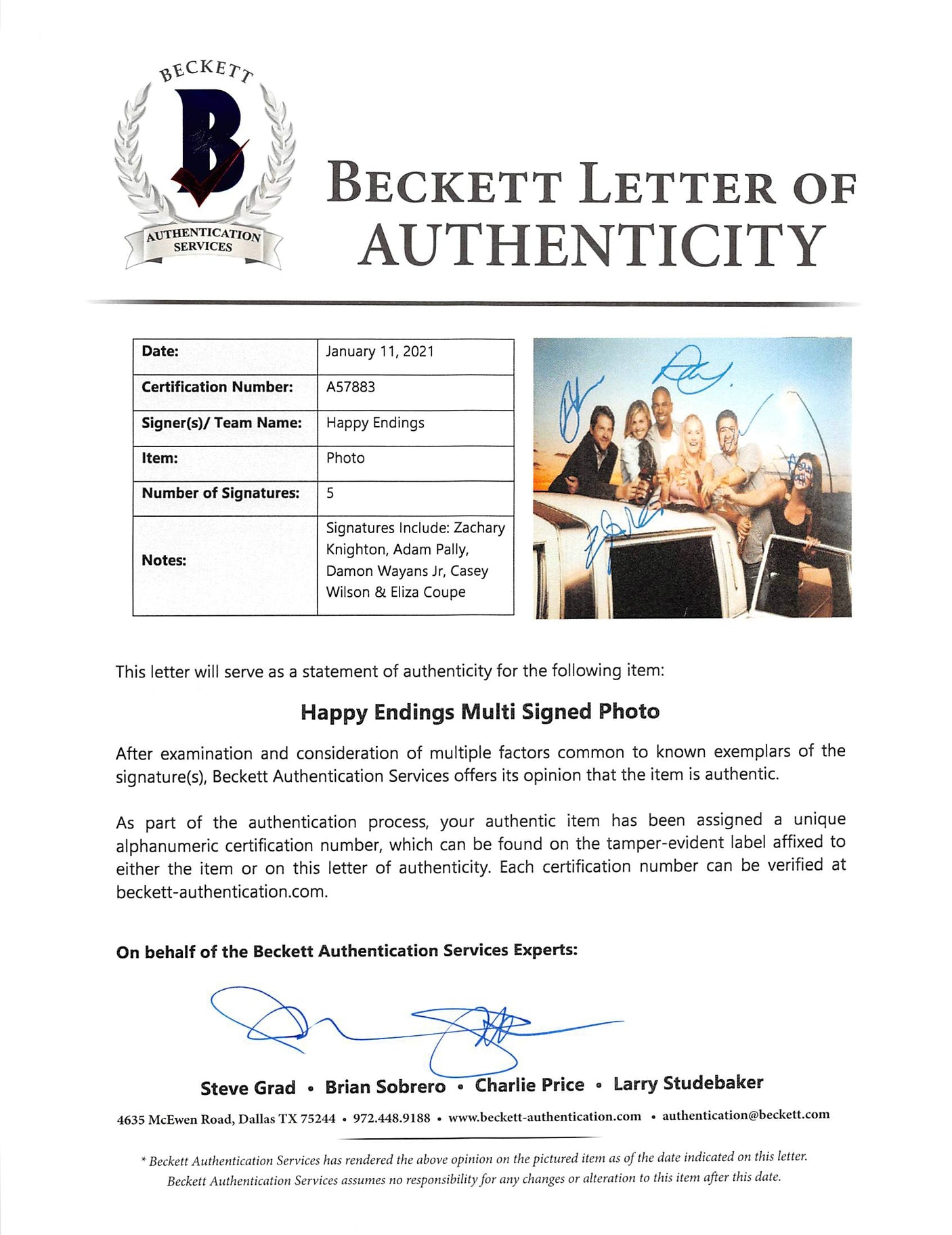 Happy Endings (5) Knighton, Pally, Wayans, Wilson & Coupe Signed 12x18 Photo BAS