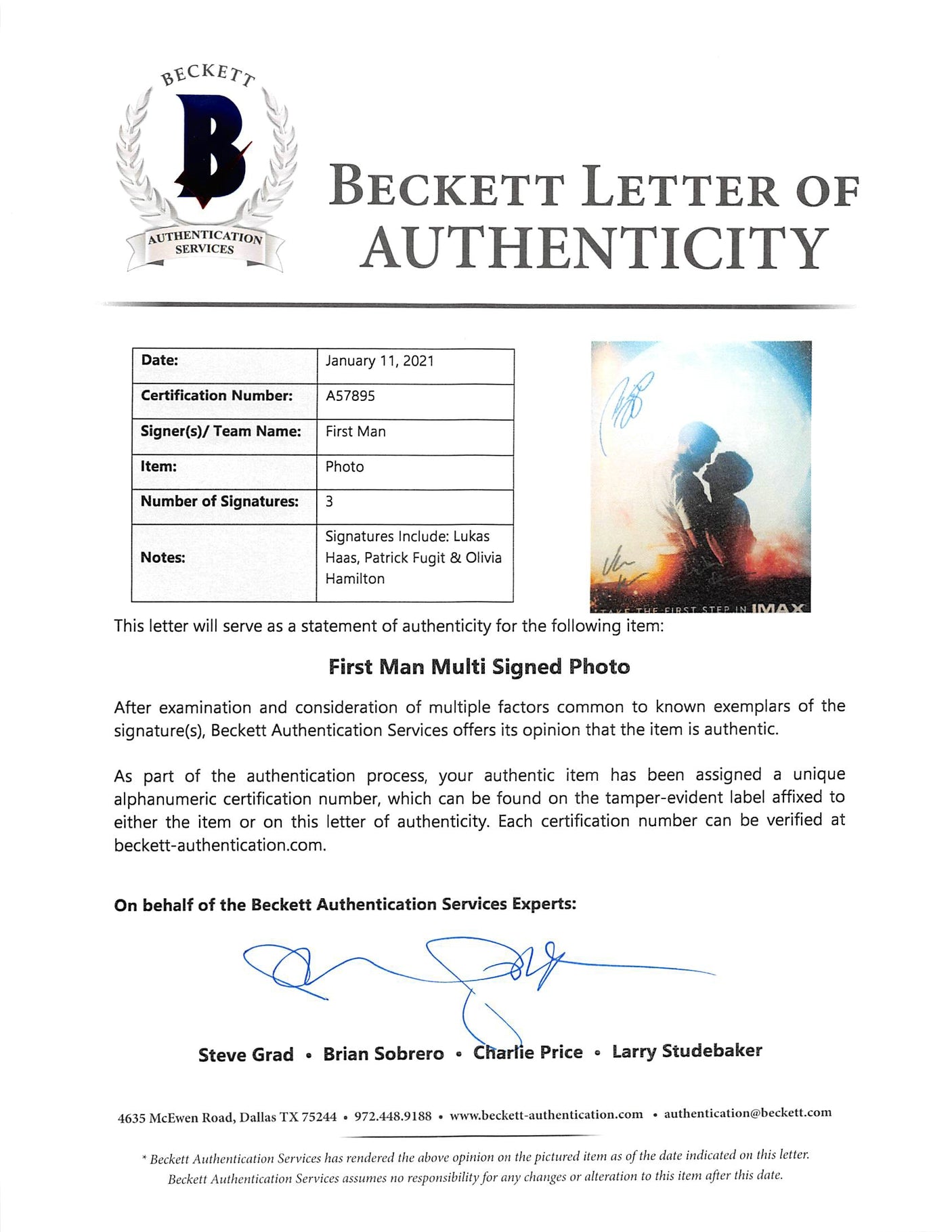 First Man (3) Haas, Fugit & Hamilton Authentic Signed 12x18 Photo BAS #A57895