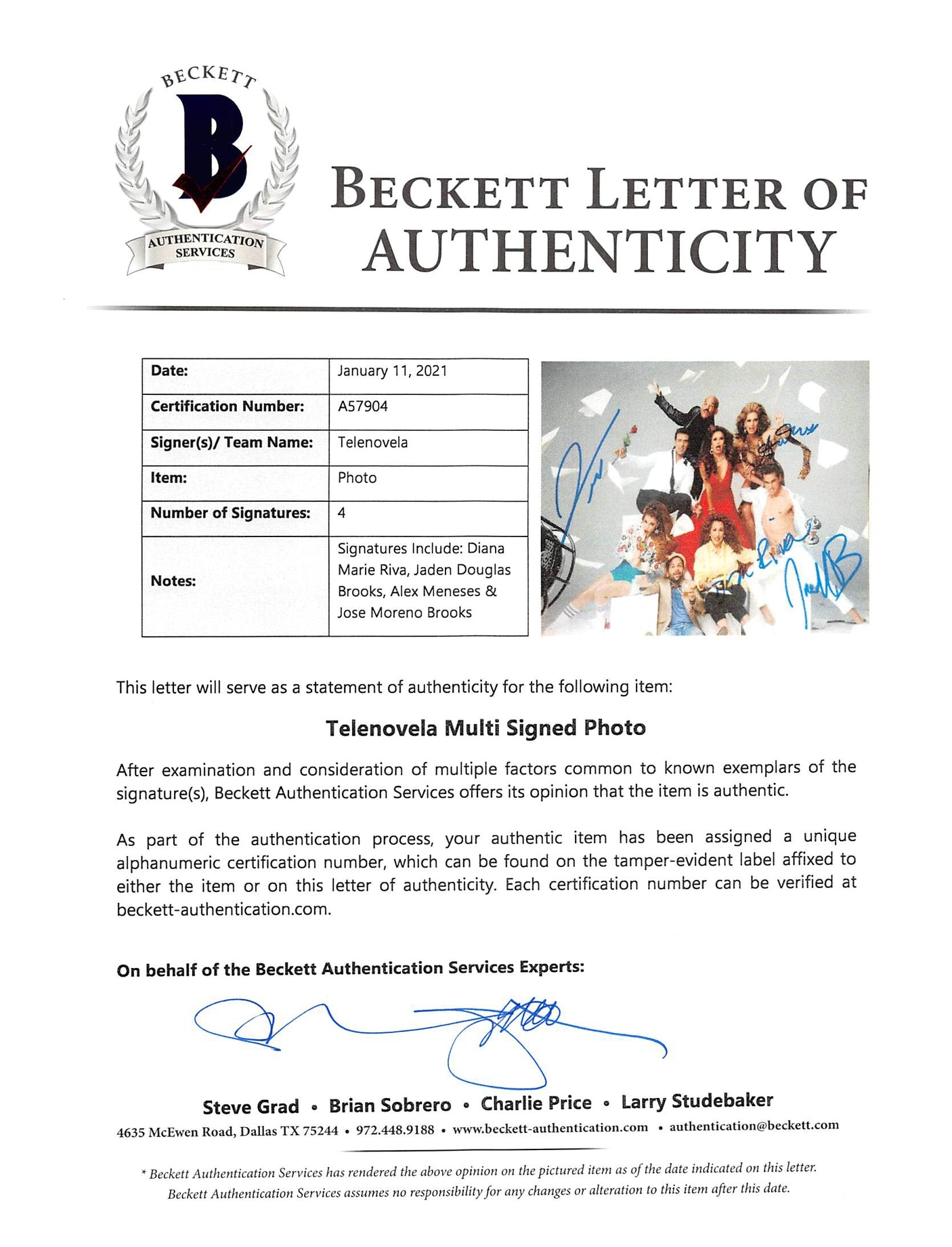 Telenovela (4) Riva, Brooks, Meneses & Moreno Brooks Signed 8x10 Photo BAS