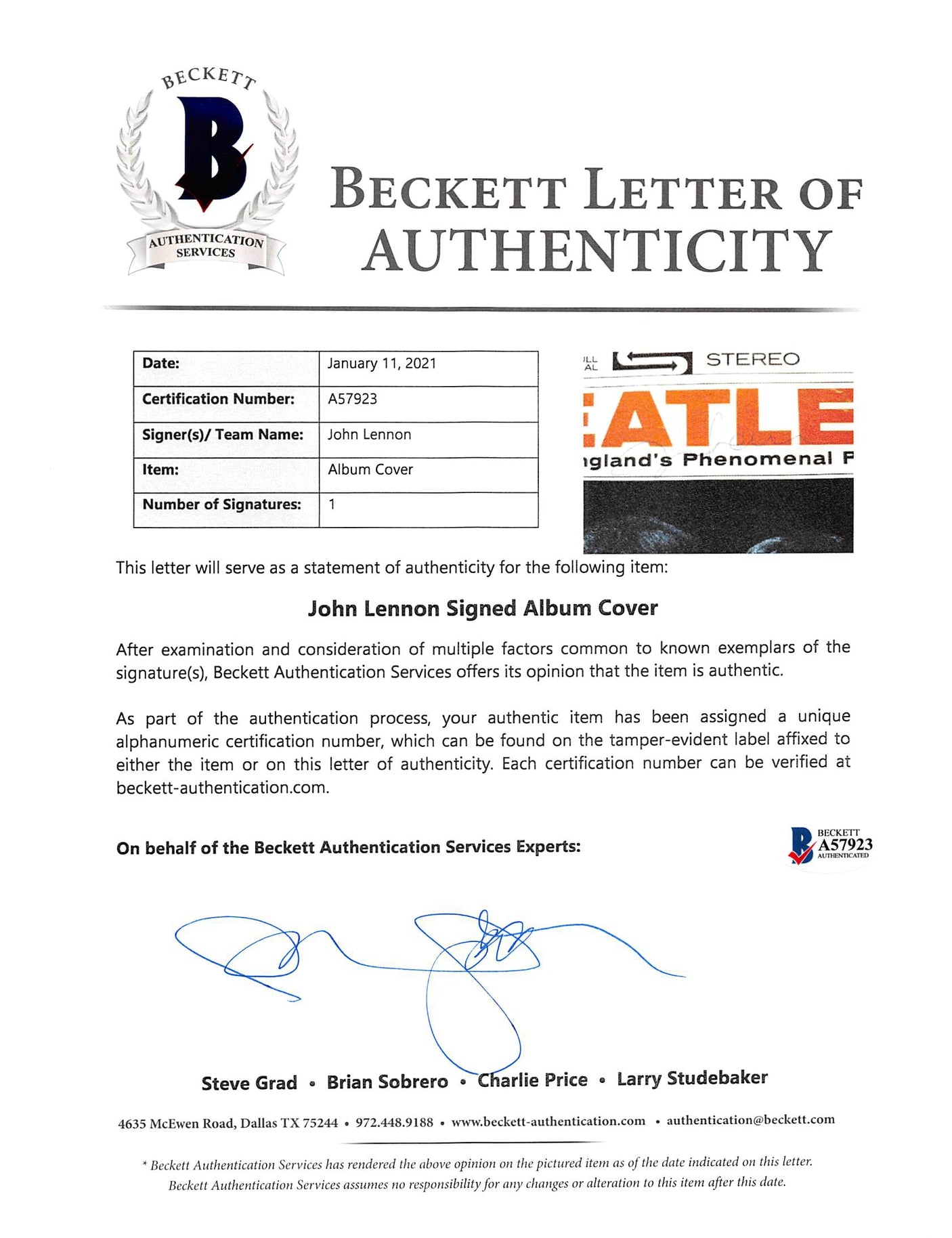 John Lennon Authentic Signed Meet The Beatles Album Cover Caiazzo & BAS #A57923