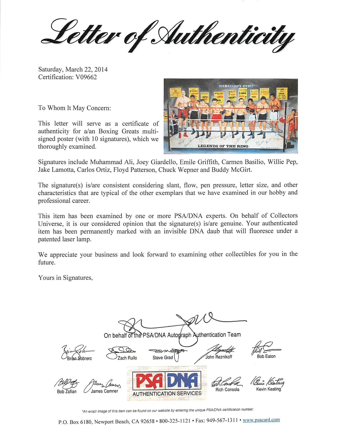 Legends Of The Ring (10 Boxers) Signed 20X33 Litho Muhammad Ali PSA/DNA & JSA