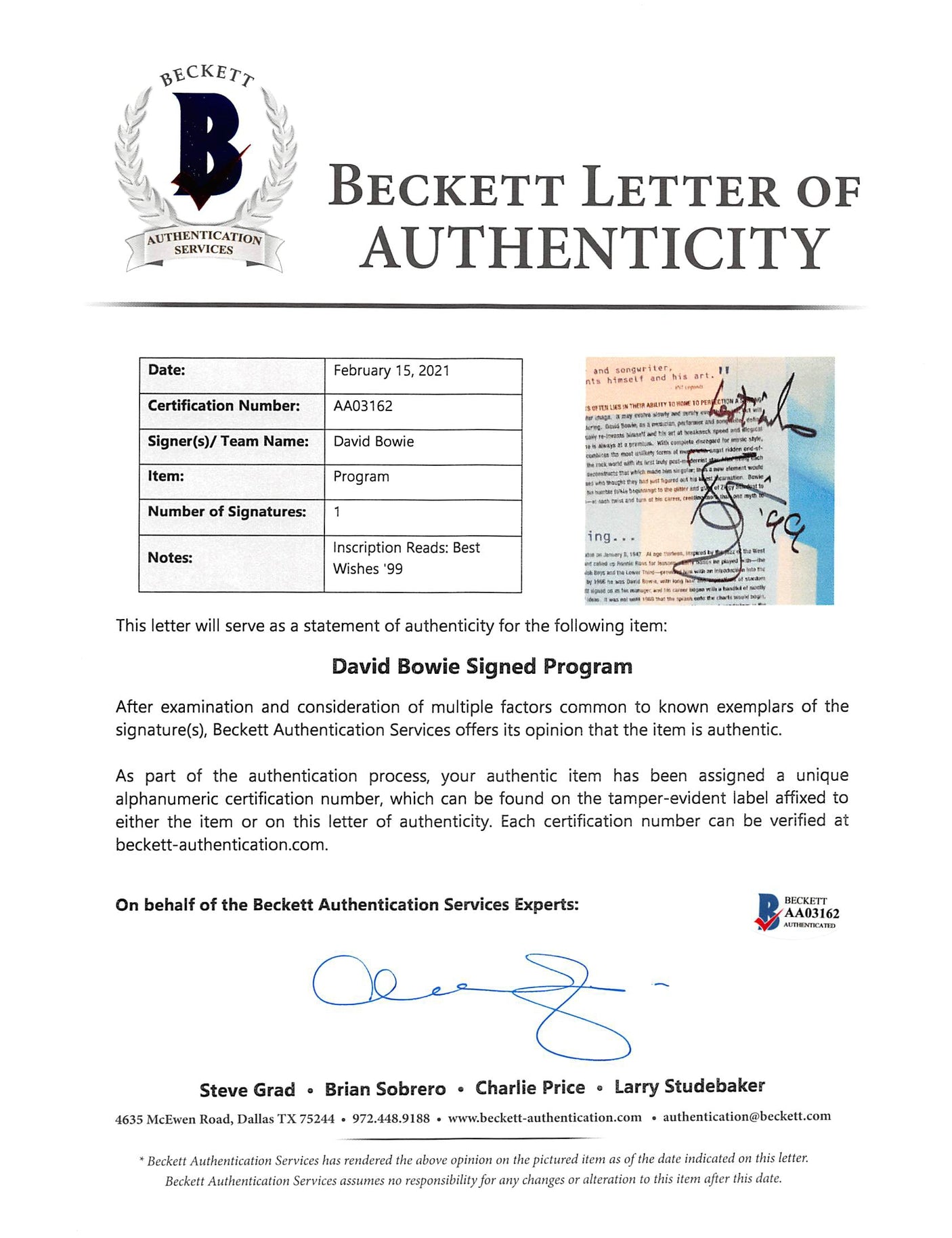 David Bowie Signed Virgin Records Press Release Hours LP Program BAS #AA03162