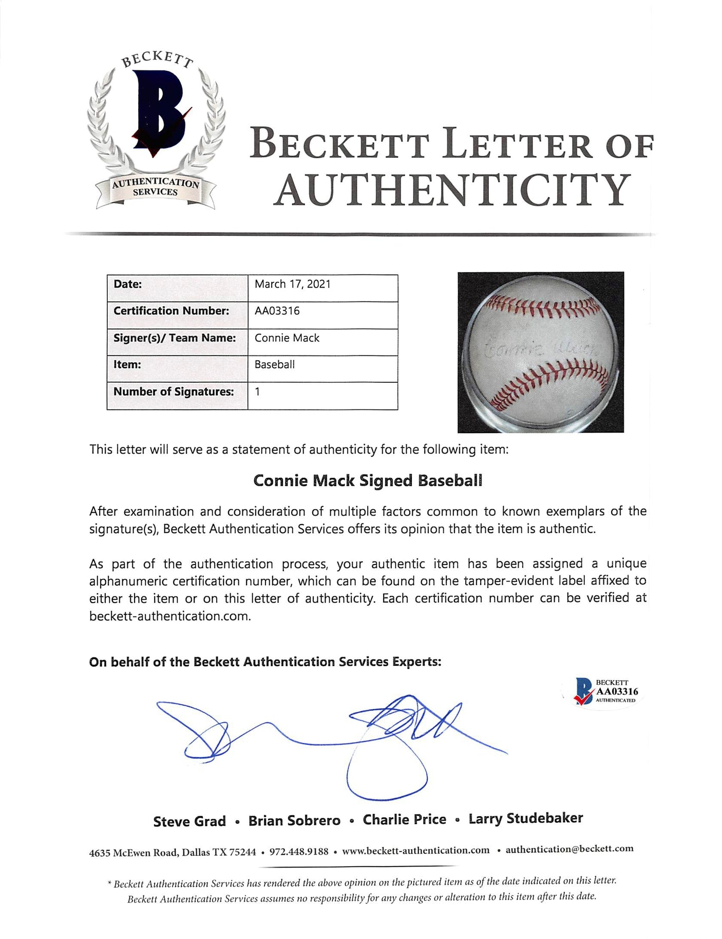 Athletics Connie Mack Signed Reach Official League Baseball BAS #AA03316