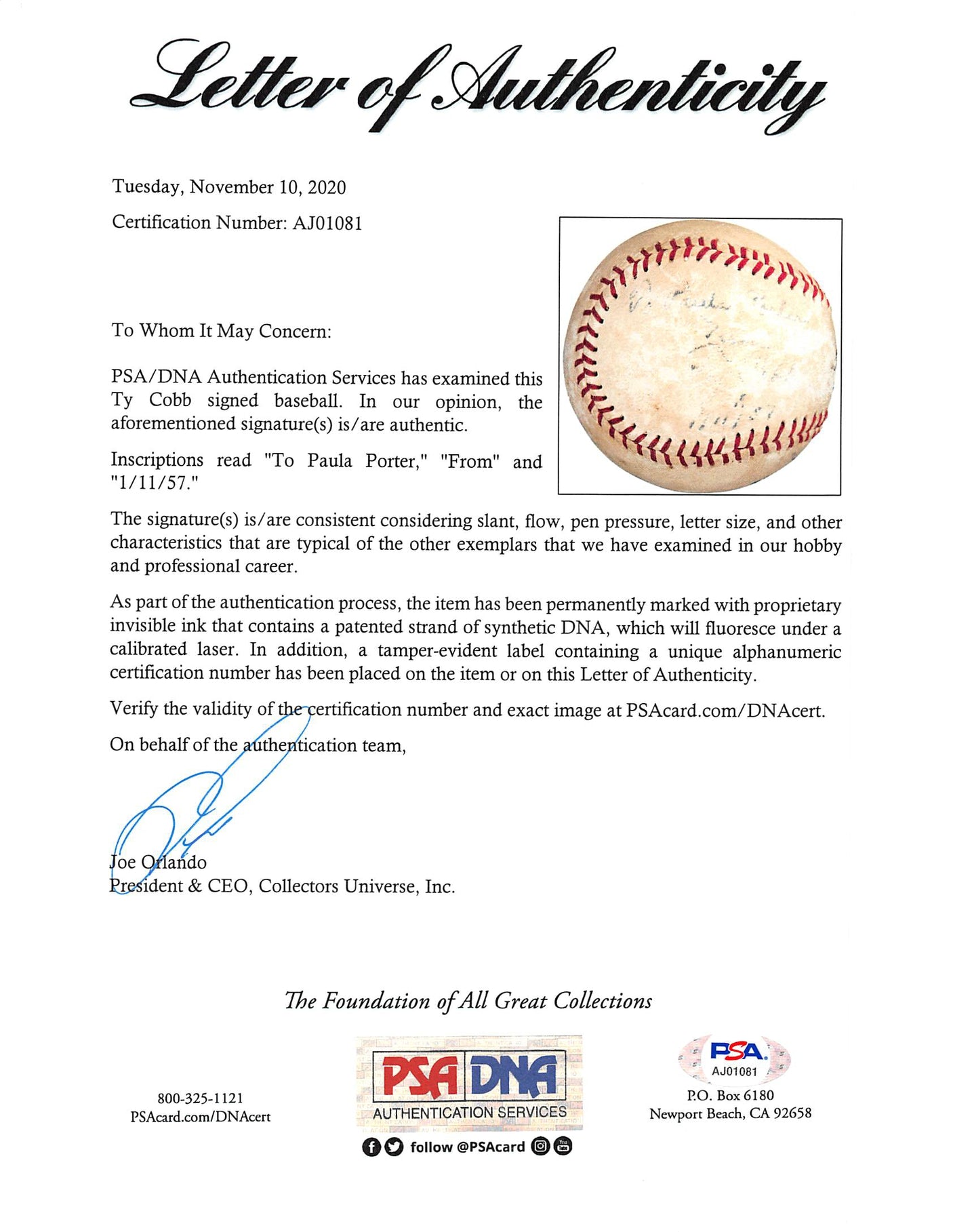 Tigers Ty Cobb "1/11/57" Authentic Signed Little League Baseball PSA #AJ01081