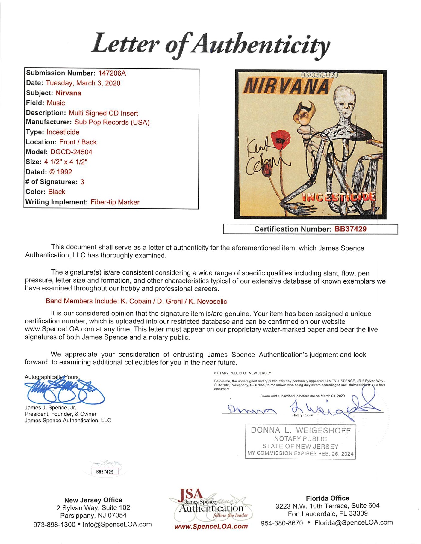 Nirvana (3) Cobain, Grohl & Novoselic Signed Incesticide Cd Cover JSA #BB37429