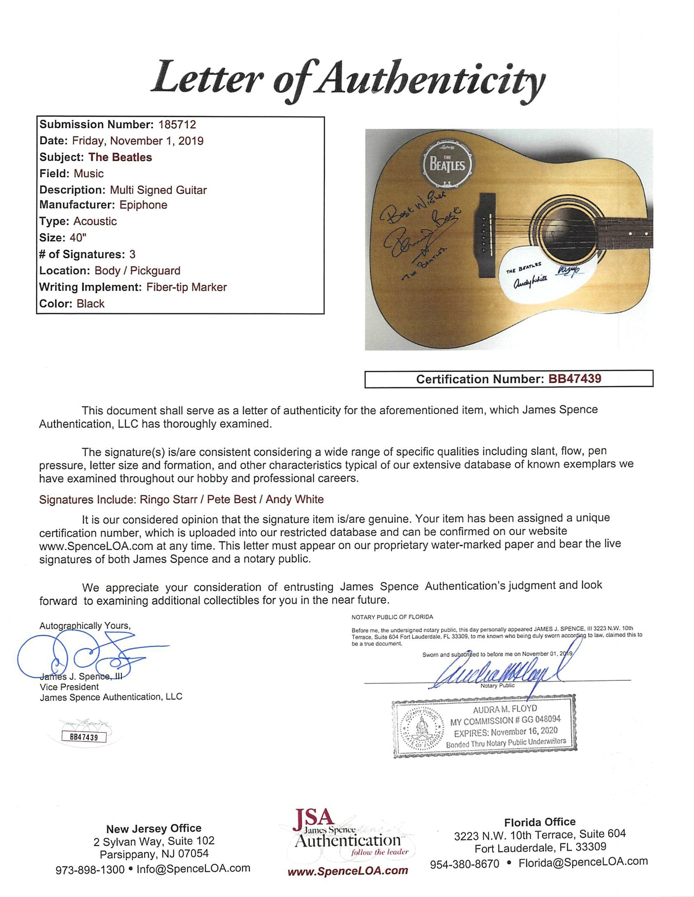 Beatles Drummers (3) Starr, Best & White Signed Epiphone Acoustic Guitar BAS JSA