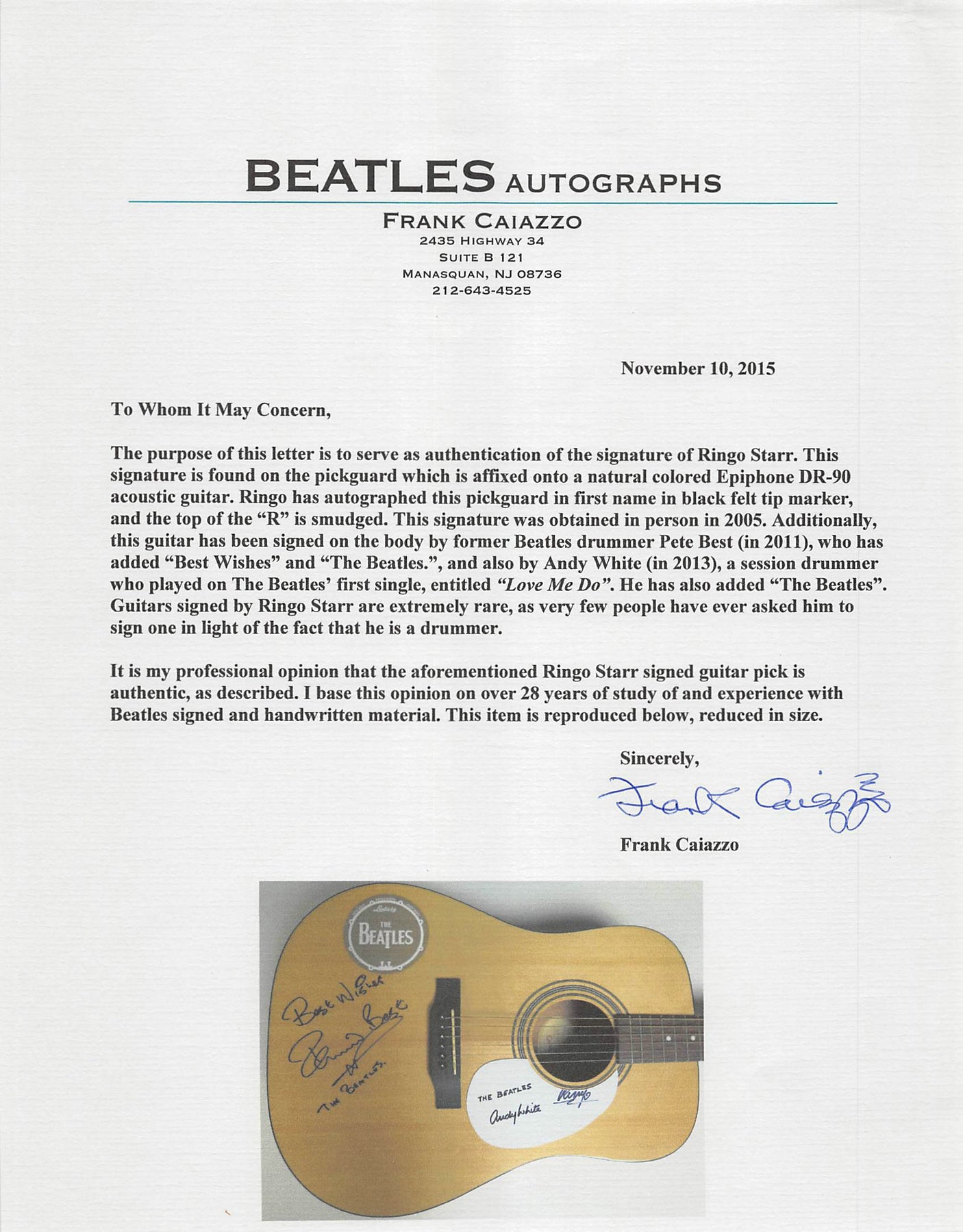 Beatles Drummers (3) Starr, Best & White Signed Epiphone Acoustic Guitar BAS JSA