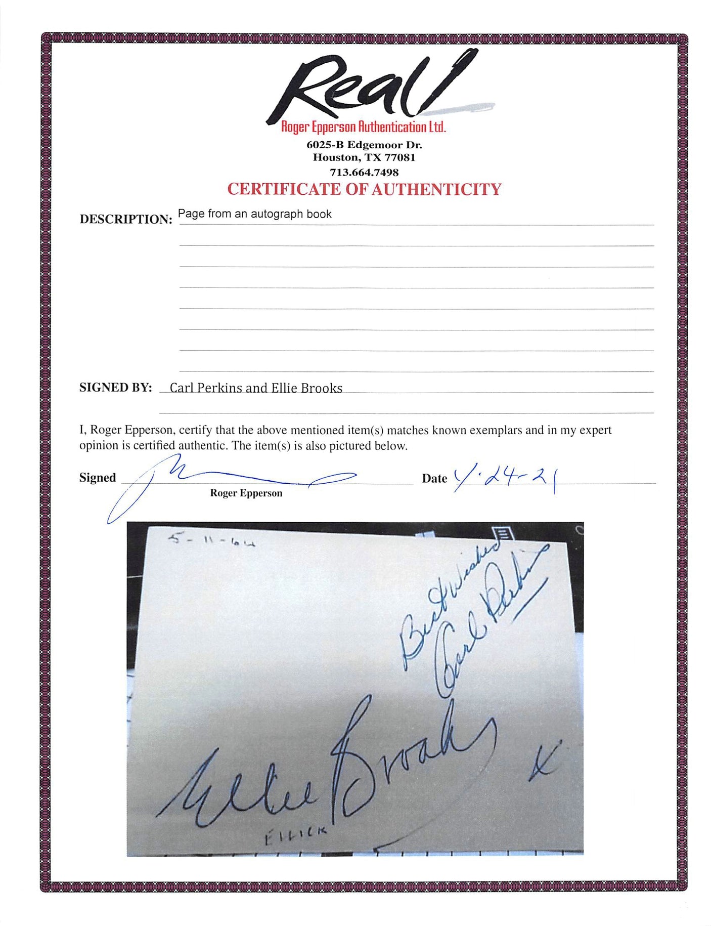 Carl Perkins & Ellie Brooks Authentic Signed 3x4.15 Album Page REAL LOA