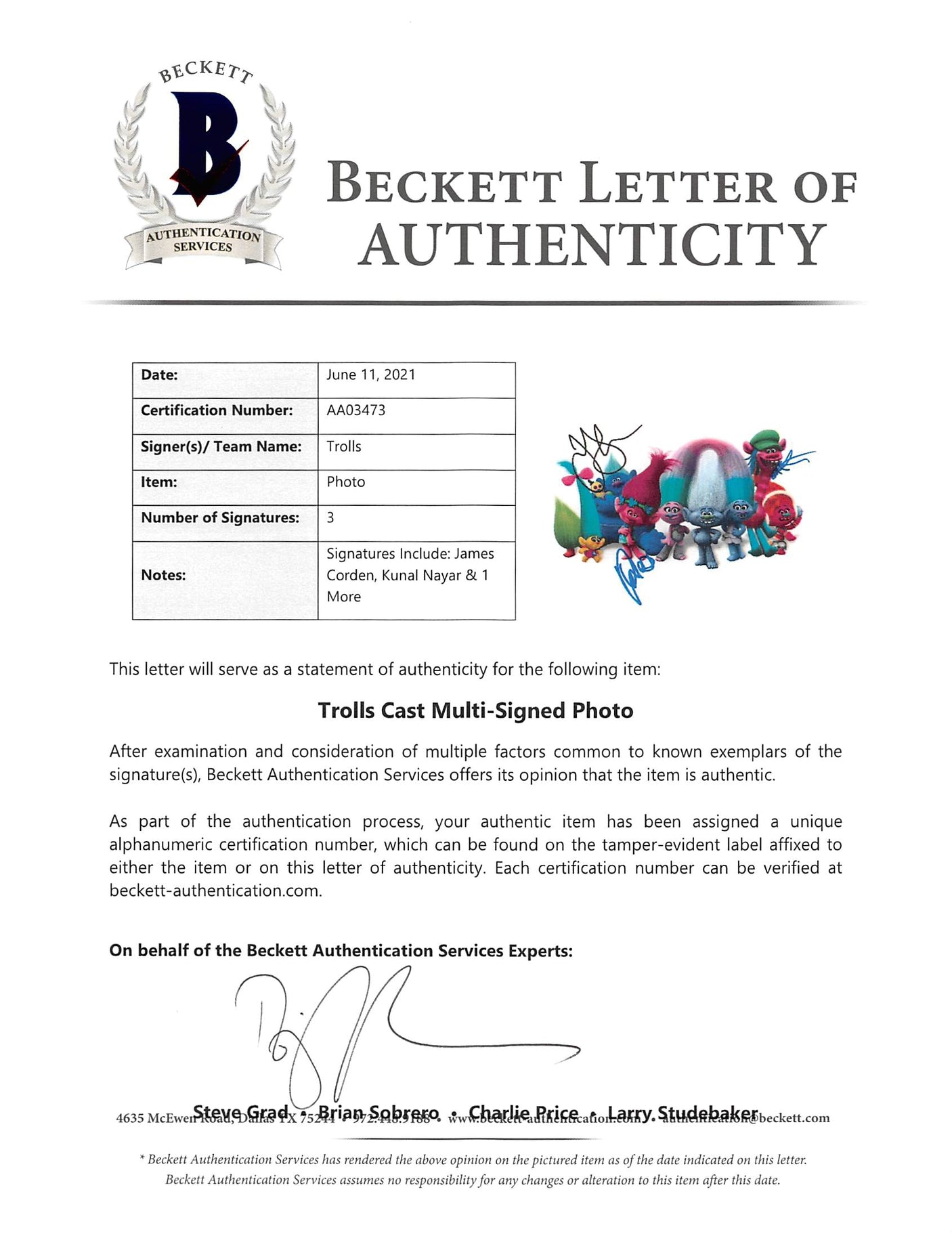 Trolls (3) James Corden, Kunal Nayar & 1 More Signed 11x14 Photo BAS #AA03473