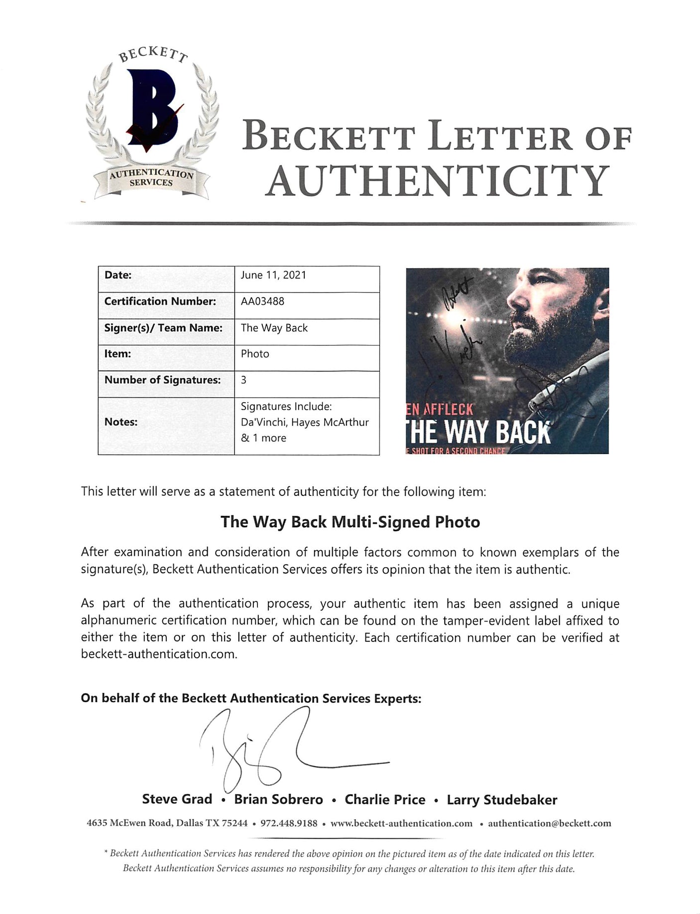 The Way Back (3) DaVinchi, McArthur & 1 More Signed 12x18 Photo BAS #AA03488