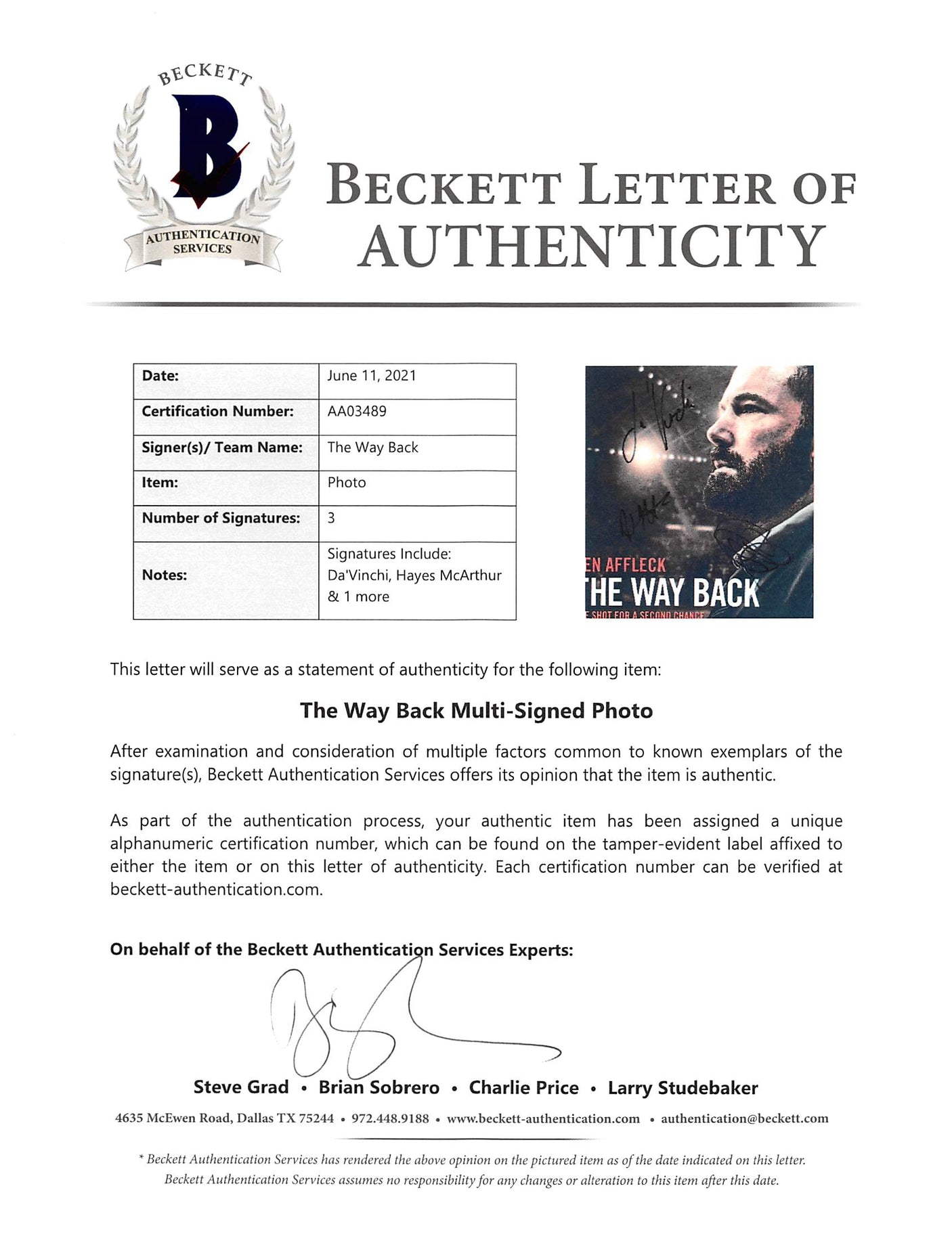 The Way Back (3) DaVinchi, McArthur & 1 More Signed 12x18 Photo BAS #AA03489