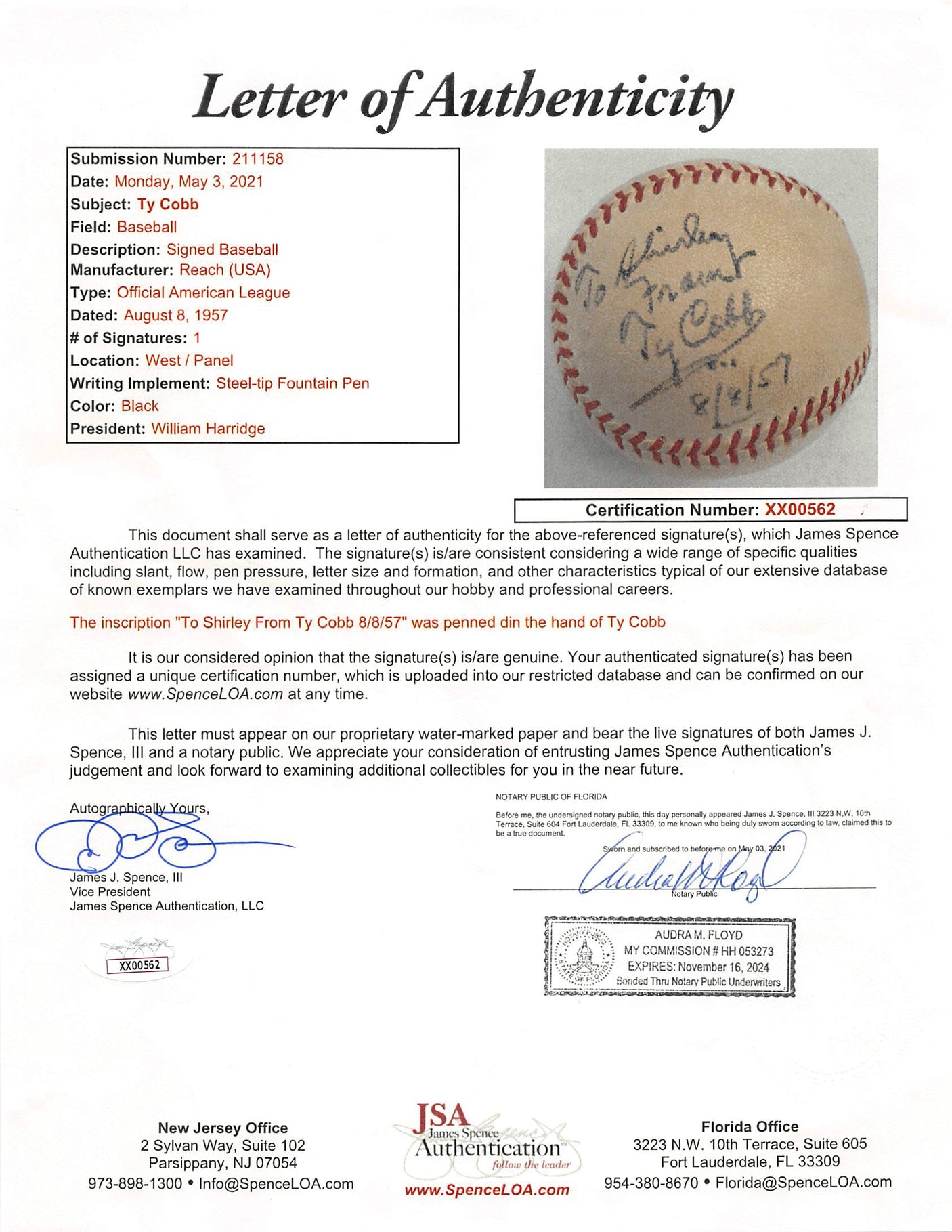Tigers Ty Cobb To Shirley From 8/8/57 Authentic Signed Oal Baseball JSA #XX00562