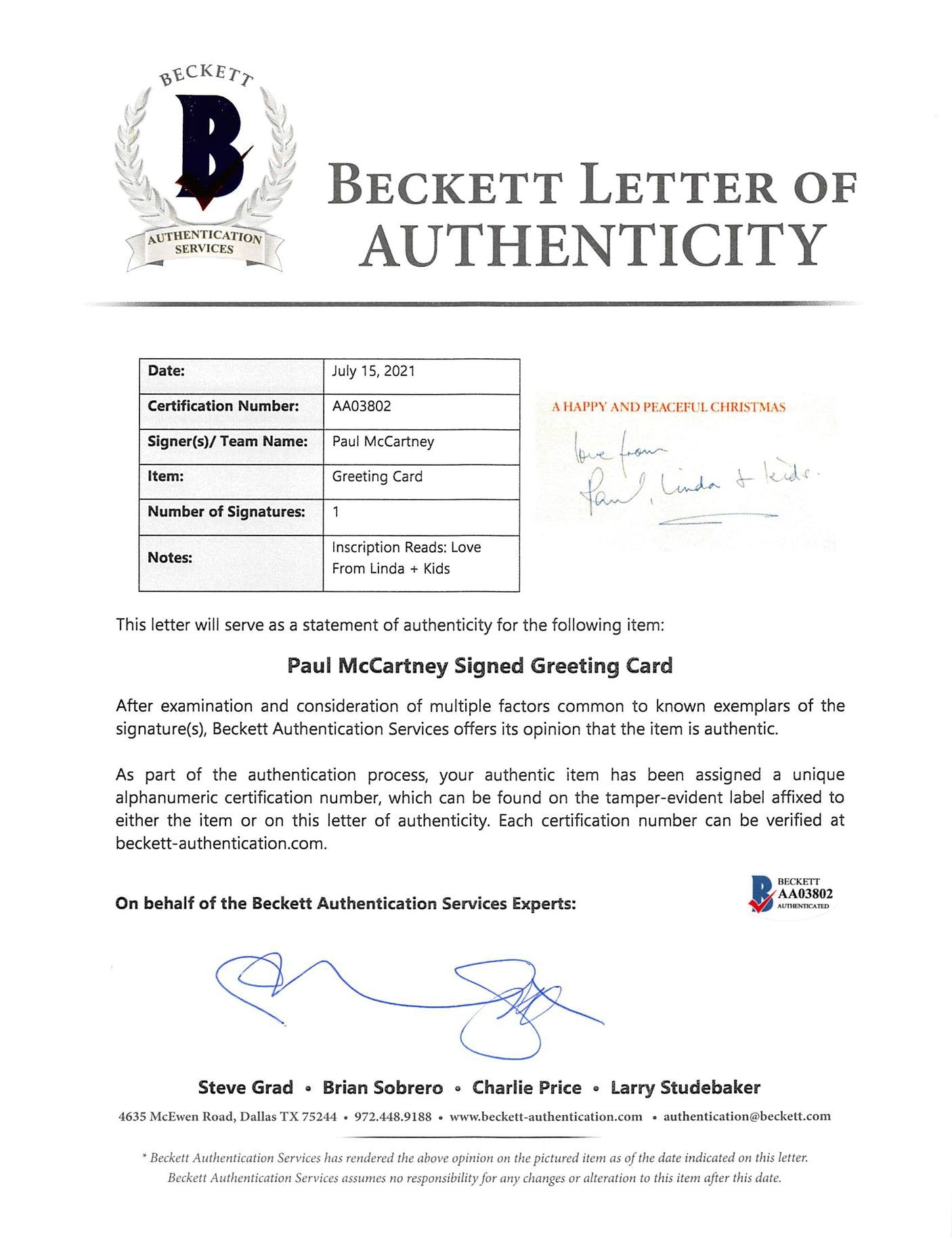 Paul McCartney Beatles Love From Linda + Kids Authentic Signed Card BAS #AA03802