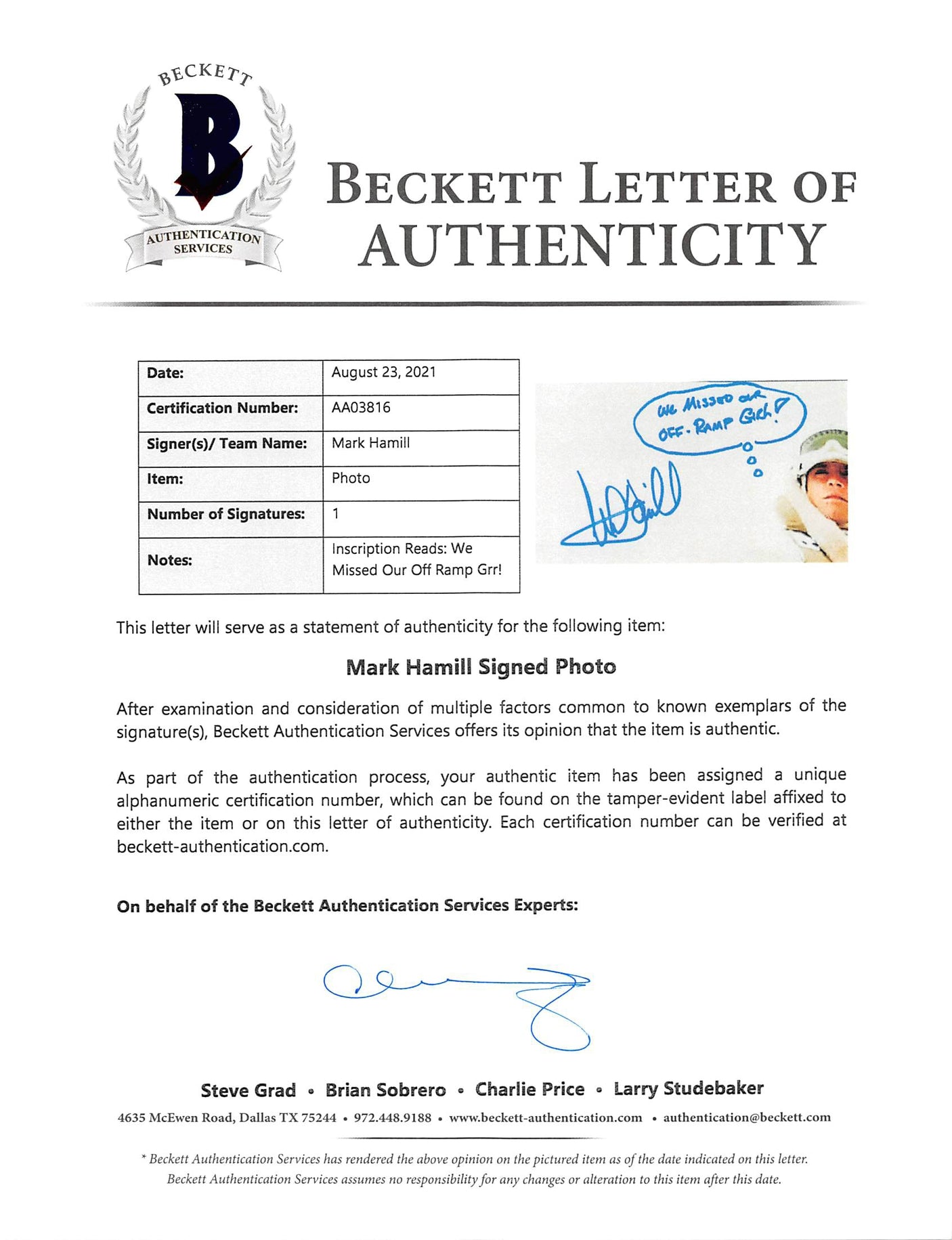 Mark Hamill Star Wars "We Missed Our Off Ramp Grr!" Signed 16x20 Photo BAS