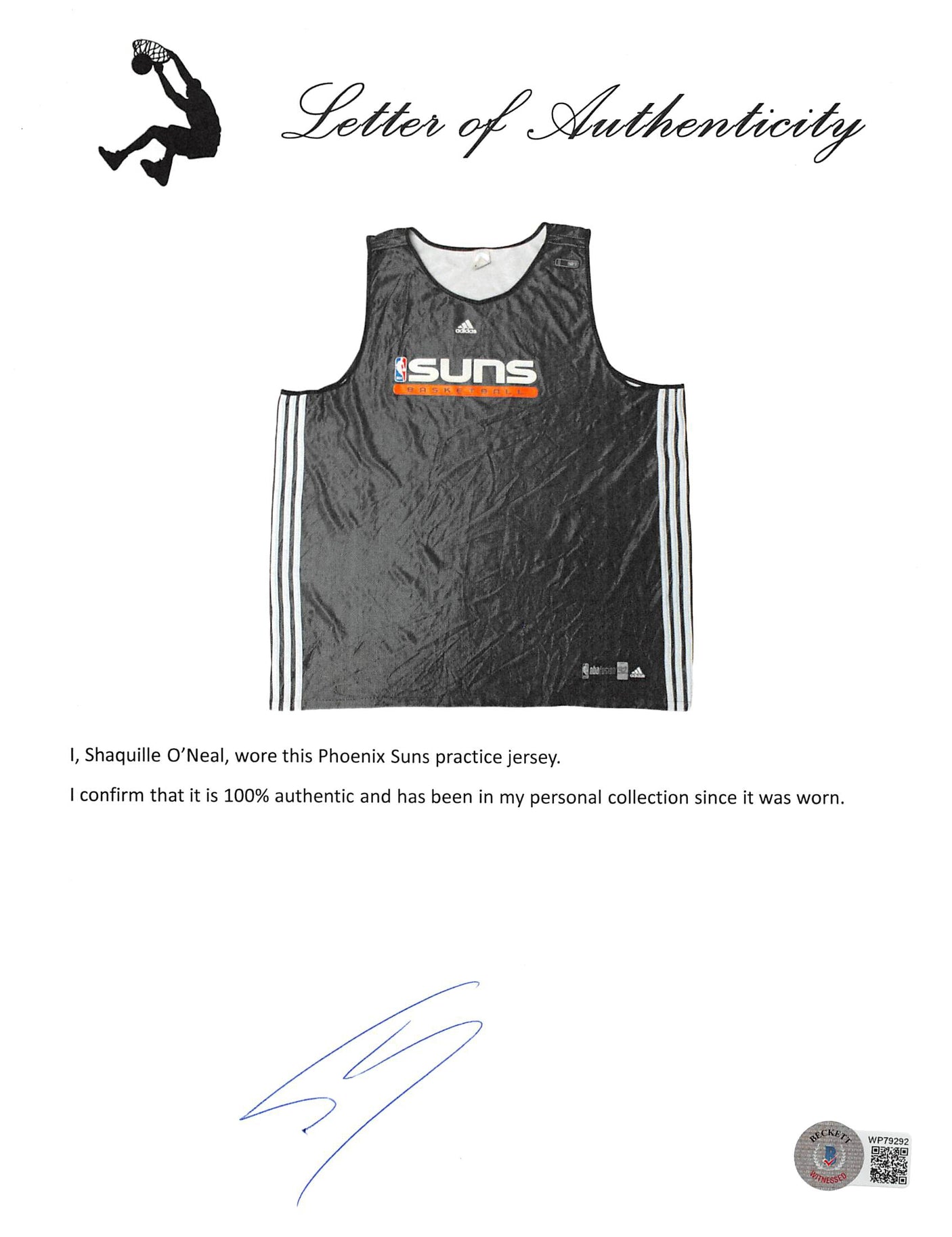 Suns Shaquille O'Neal Signed Black Adidas Practice Reversible Jersey BAS Witness