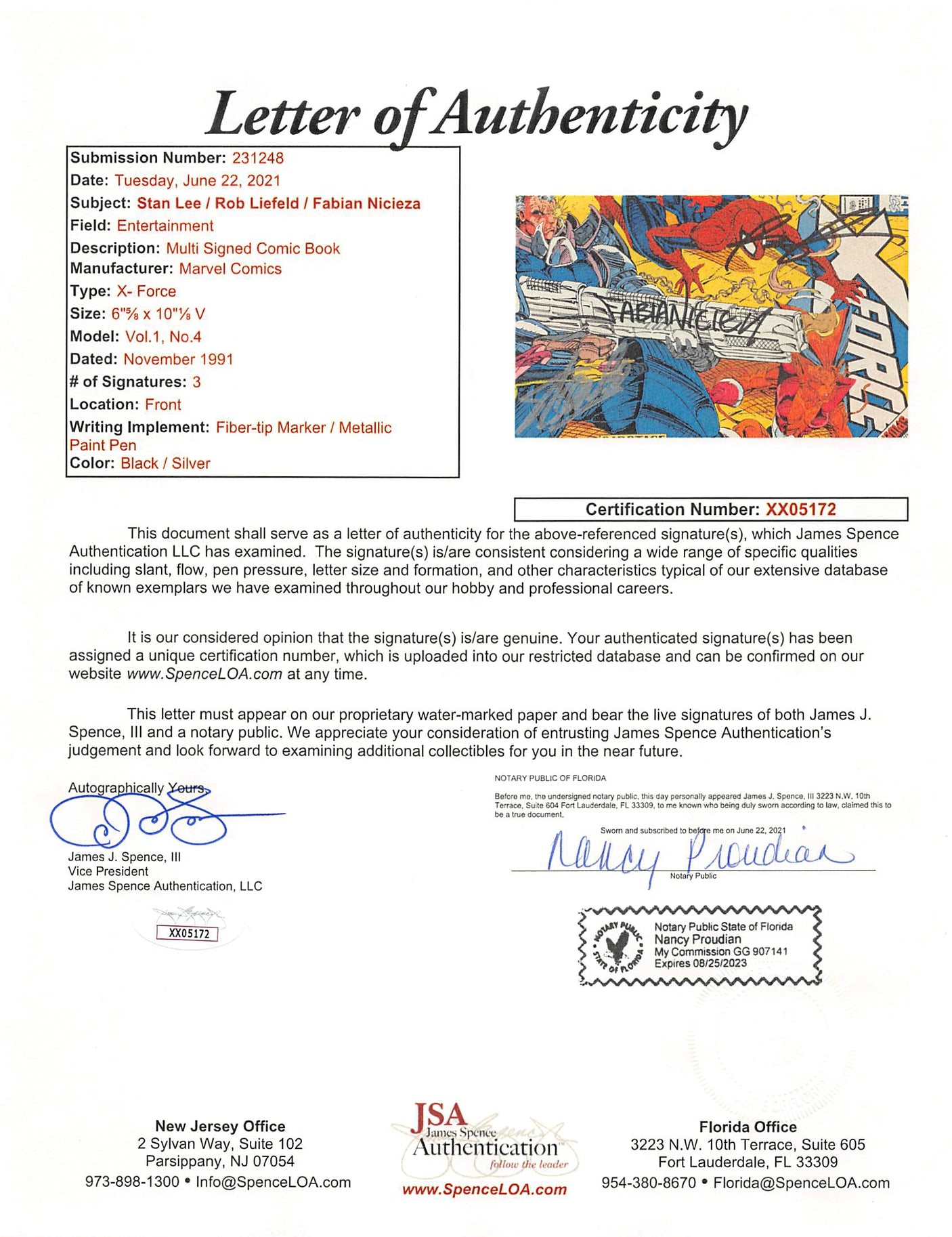 (3) Stan Lee, Liefeld & Nicieza Authentic Signed X-Force #4 Comic JSA #XX05172