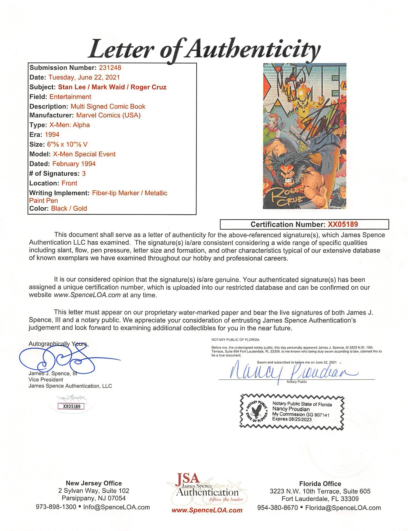 (3) Stan Lee, Waid & Cruz Marvel Signed X-Men Alpha Special Comic JSA #XX05189
