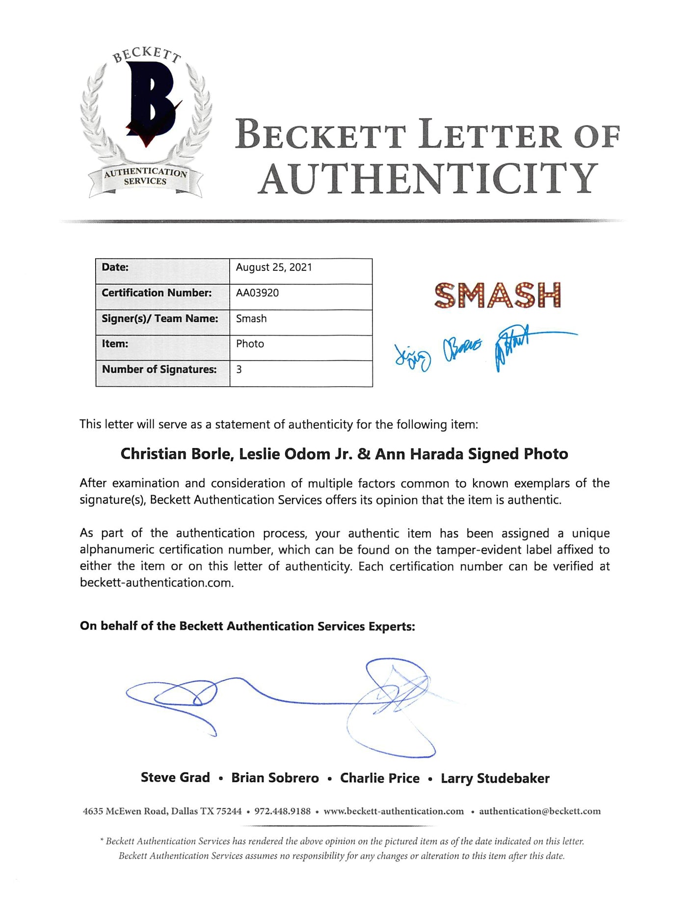 Smash (3) Borle, Odom Jr. & Harada Authentic Signed 11x14 Photo BAS #AA03920