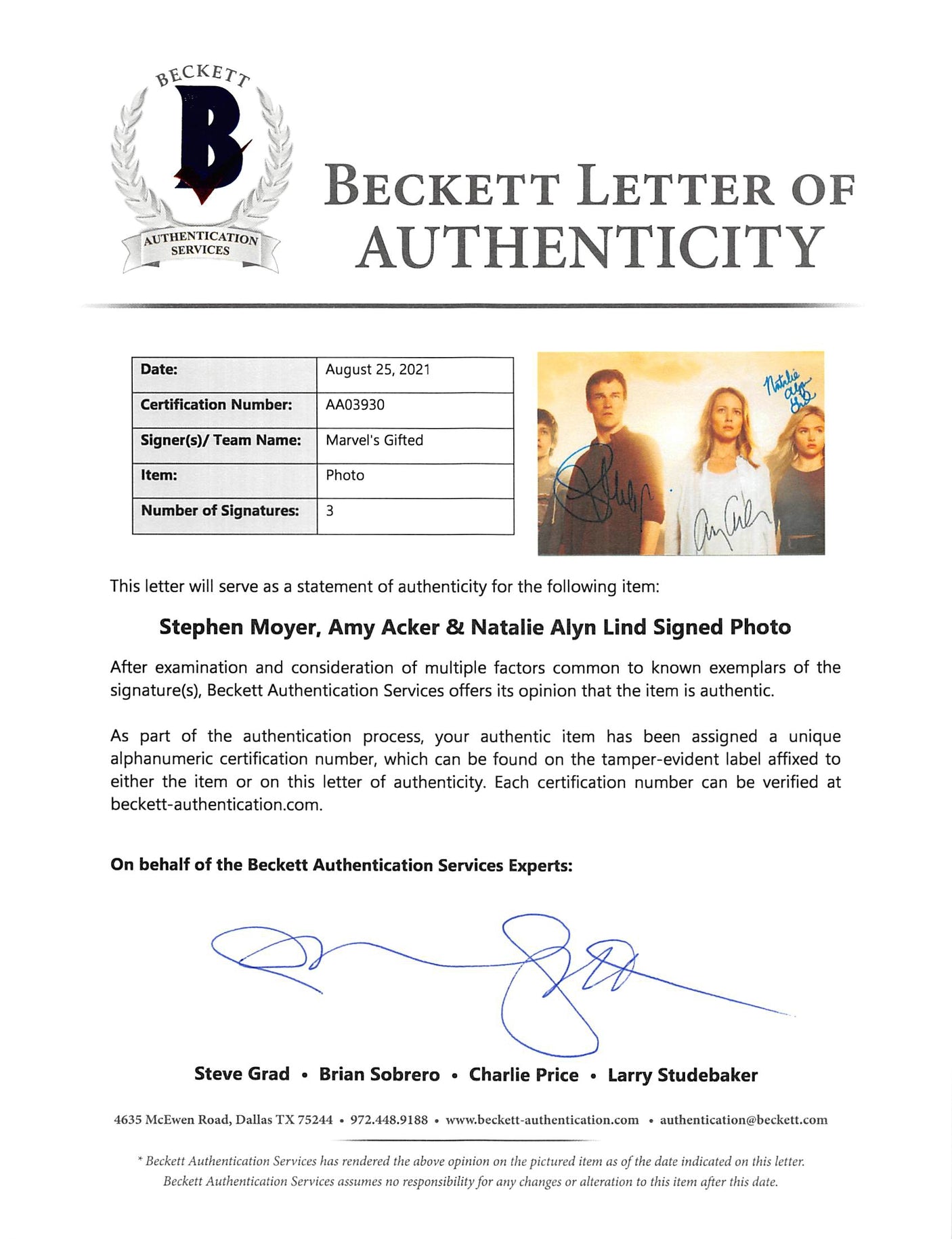 The Gifted (3) Moyer, Acker & Lind Authentic Signed 11x14 Photo BAS #AA03930