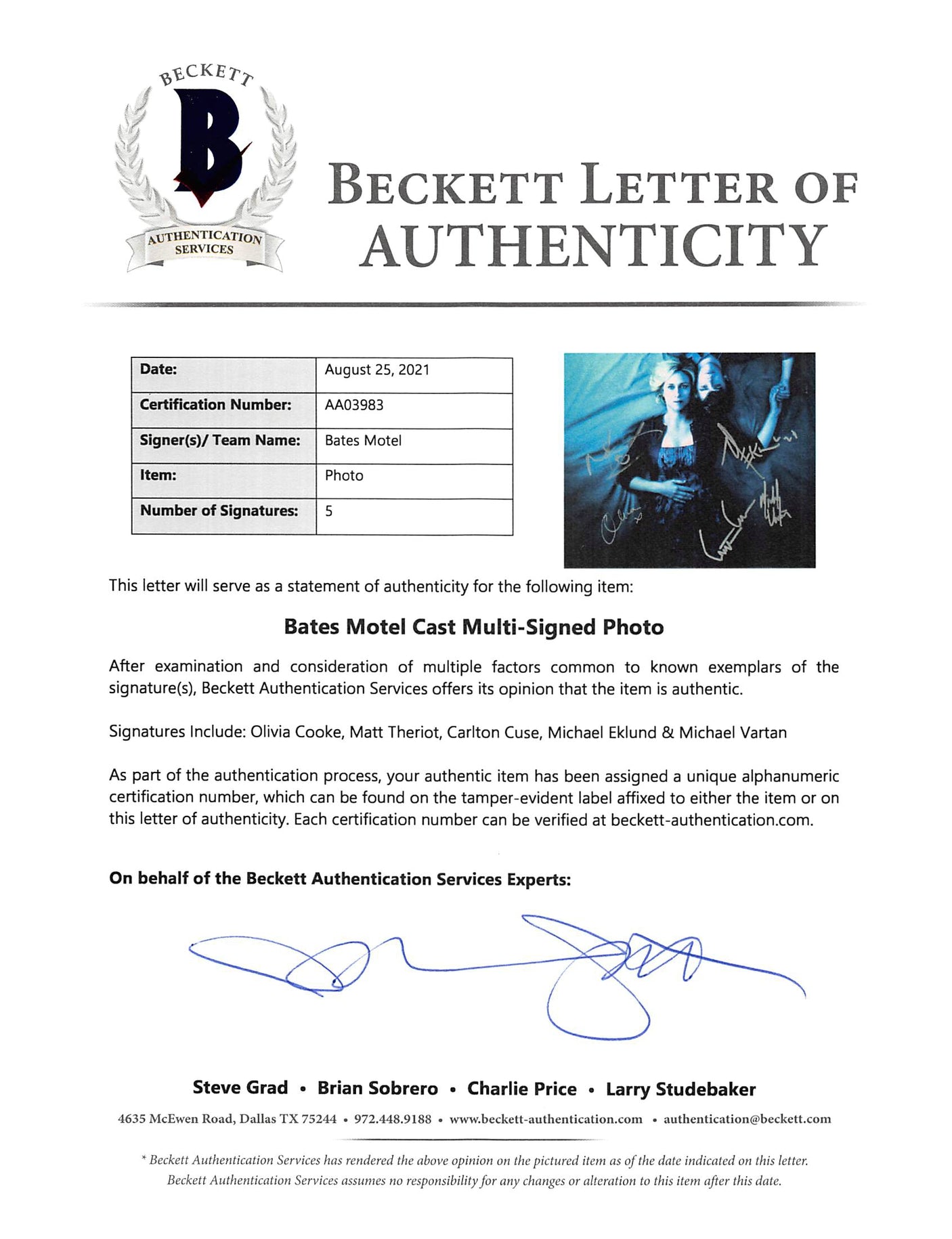 Bates Motel (5) Cooke, Theriot, Cuse, Eklund & Vartan Signed 12x18 Photo BAS