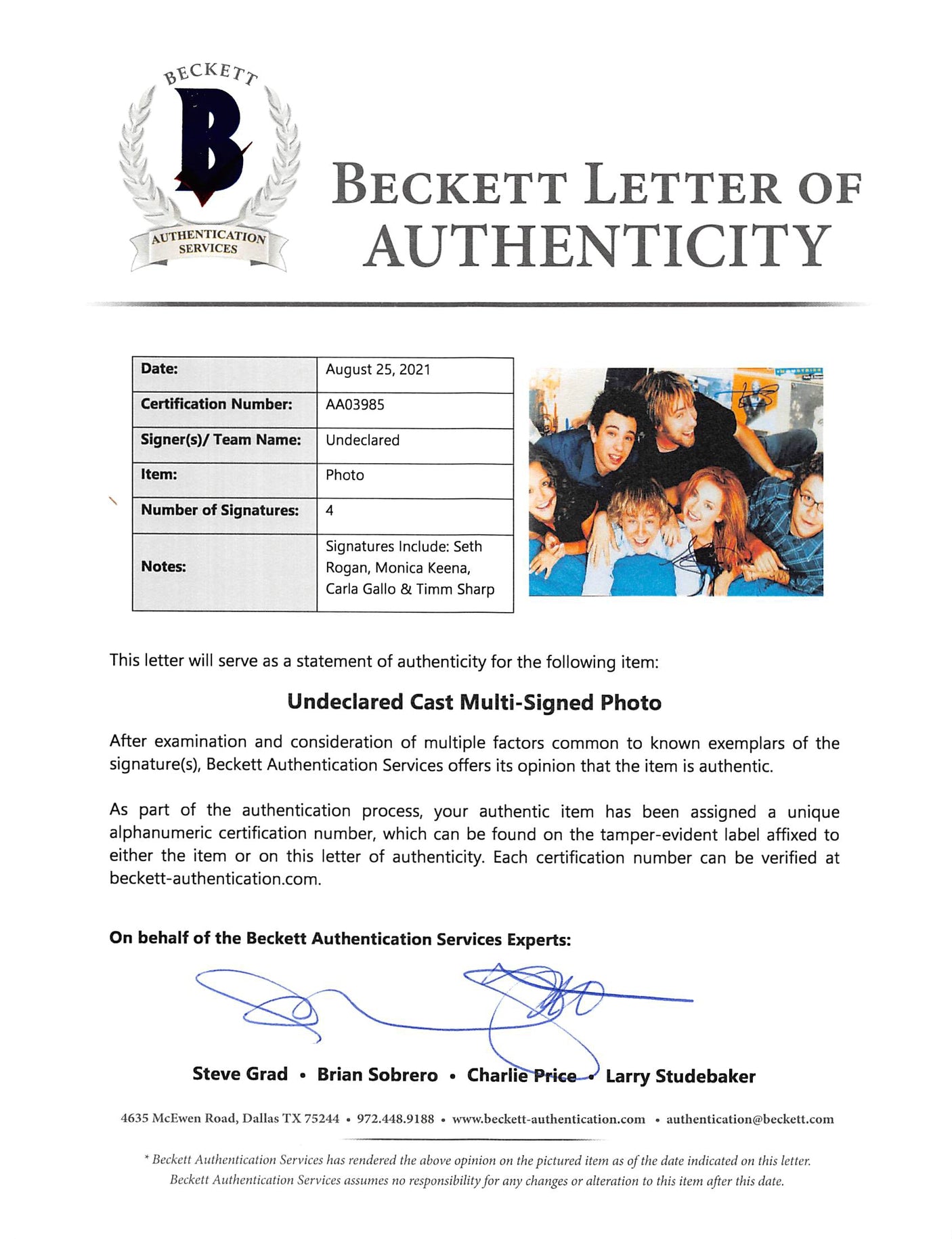 Undeclared (4) Rogan, Keena, Gallo & Sharpe Signed 12x18 Photo BAS #AA03985