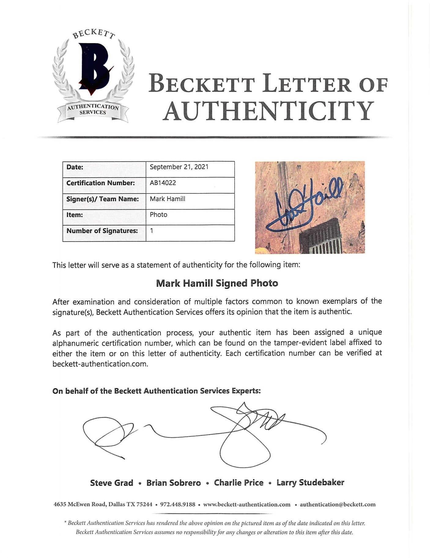 Mark Hamill Star Wars Return of the Jedi Signed 11x15.25 Photo BAS #AB14022