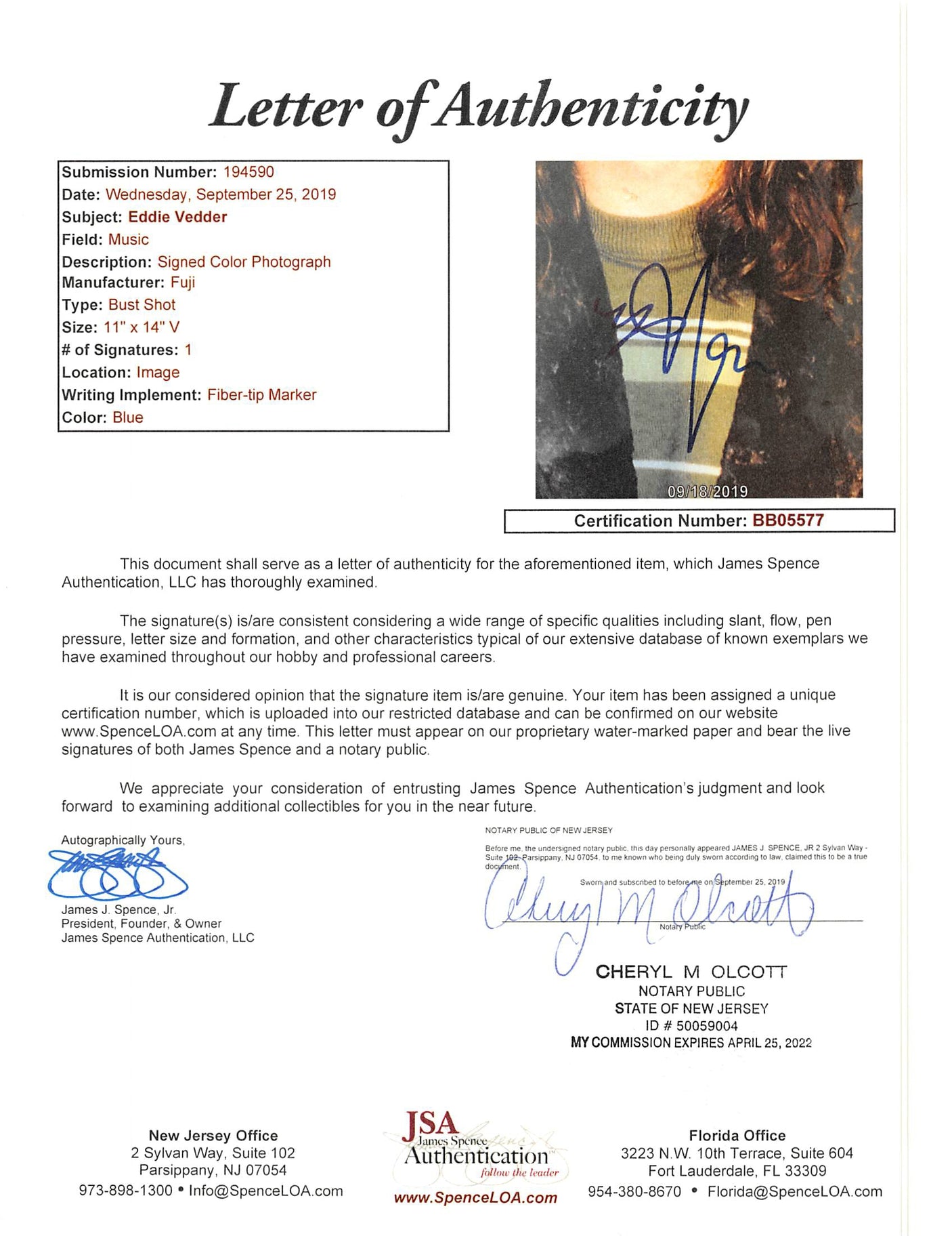 Eddie Vedder Pearl Jam Authentic Signed 11x14 Photo Autographed JSA #BB05577