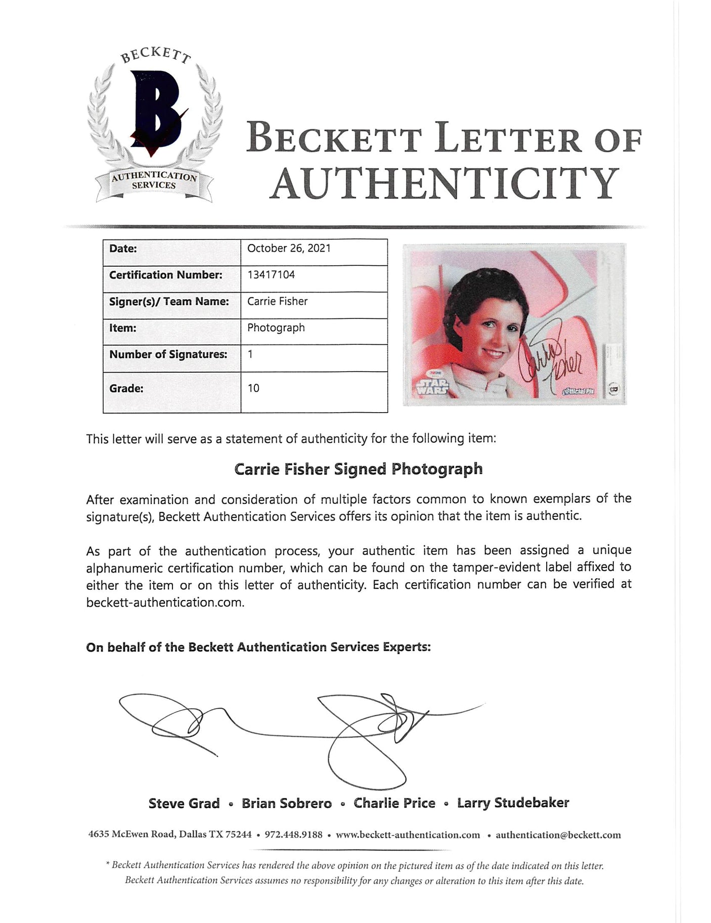 Carrie Fisher Star Wars Signed 8x10 Official Pix Photo Auto 10! BAS Slabbed