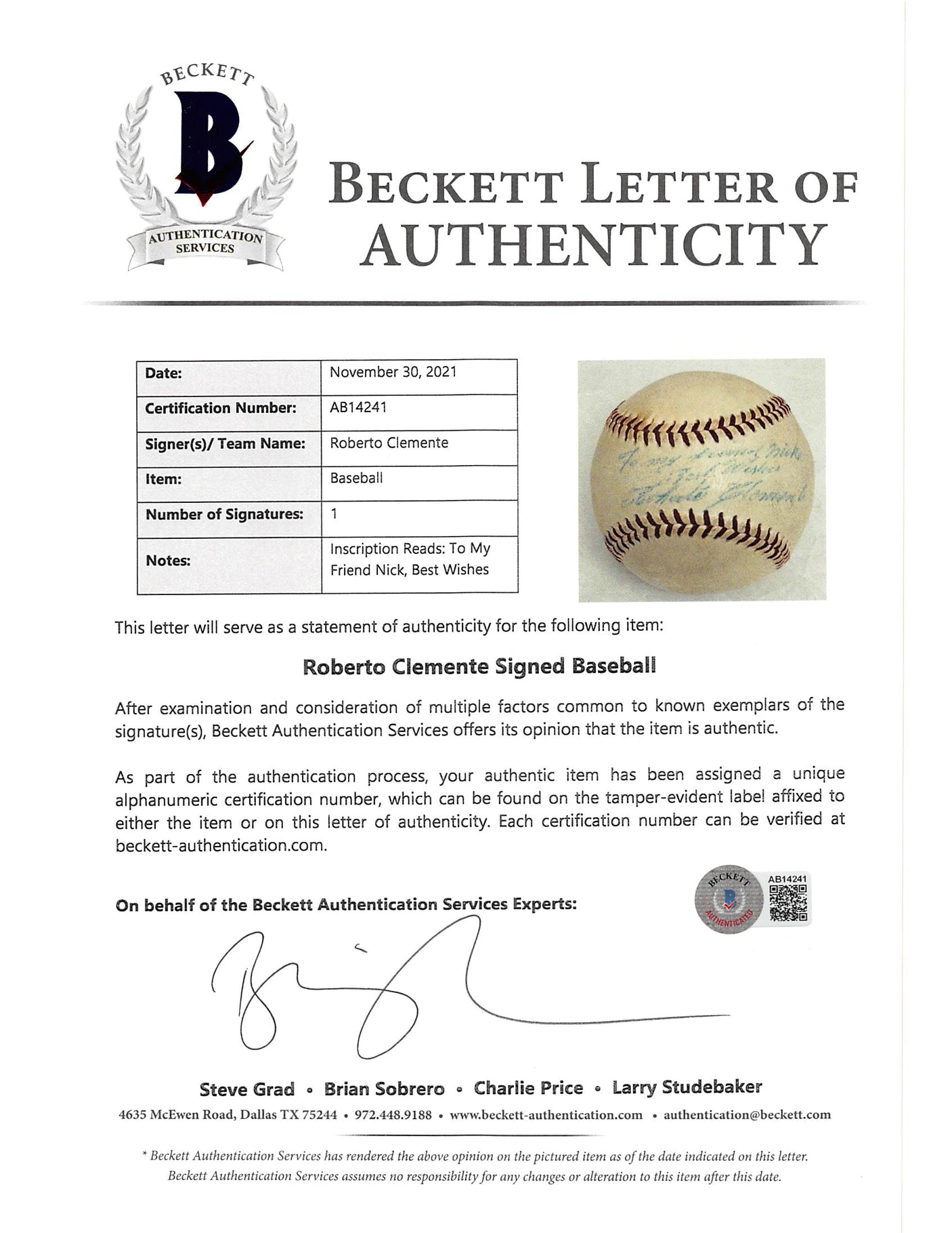 Pirates Roberto Clemente "Best Wishes" Signed Giles Onl Baseball BAS #AB14241